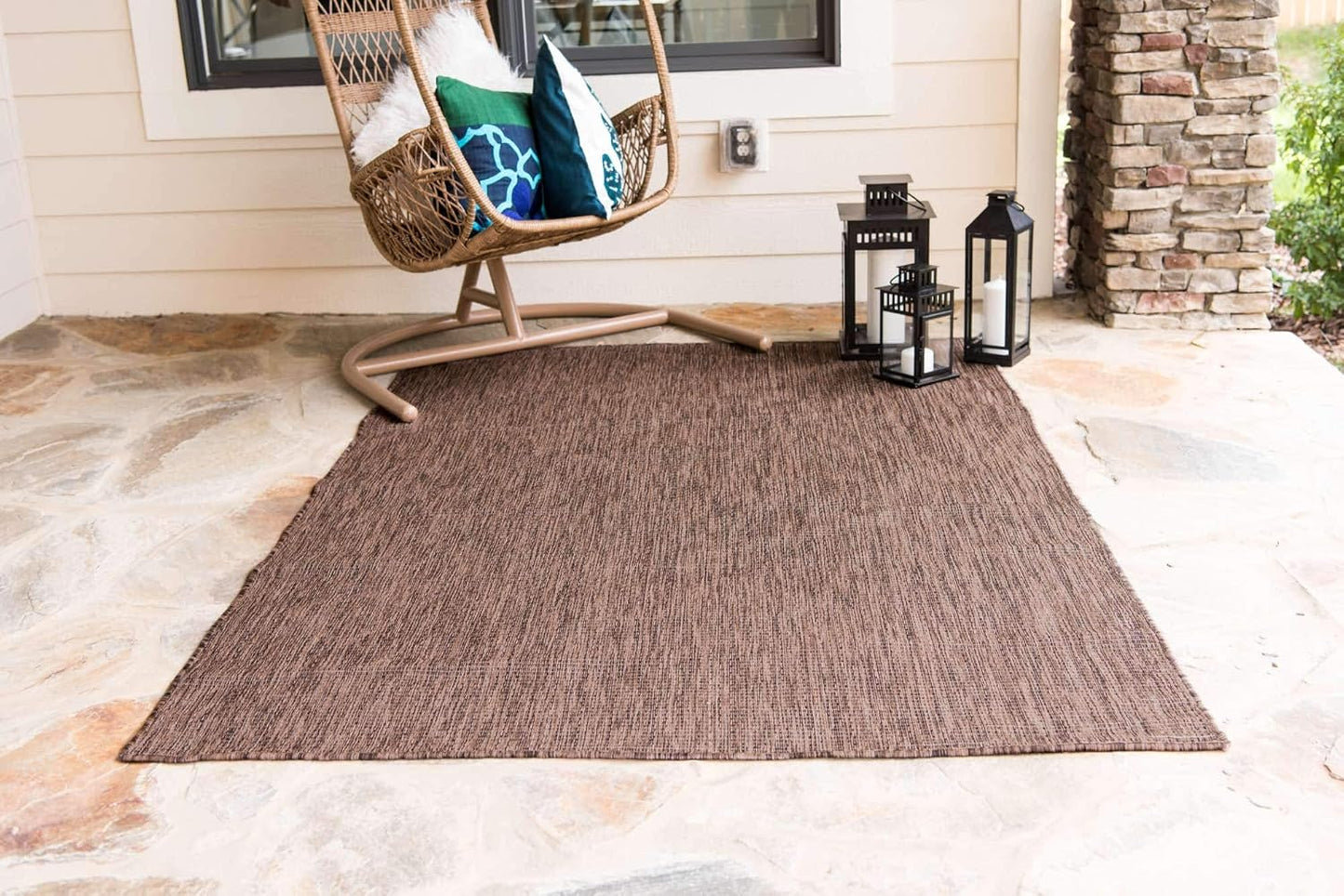 Unique Loom Collection Casual Transitional Solid Heathered Indoor/Outdoor Flatweave Area Rug (7' 1" x 10' Rectangle, Light Brown/Ivory)
