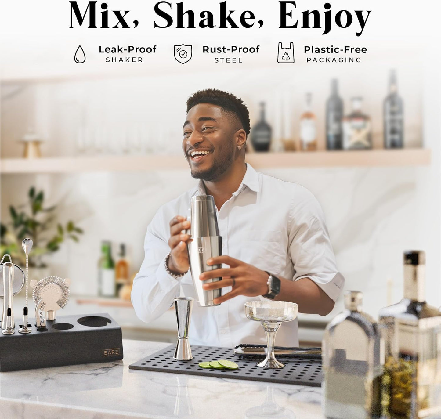 BARE BARREL® Mixology Bartender Kit Bar Set | 14-Piece Cocktail Shaker Set | Martini Barware Mixing Tools for Home Bartending | Incl. 35 Recipe Cards | Gift Set (28oz Boston Shaker, Silver/Black)