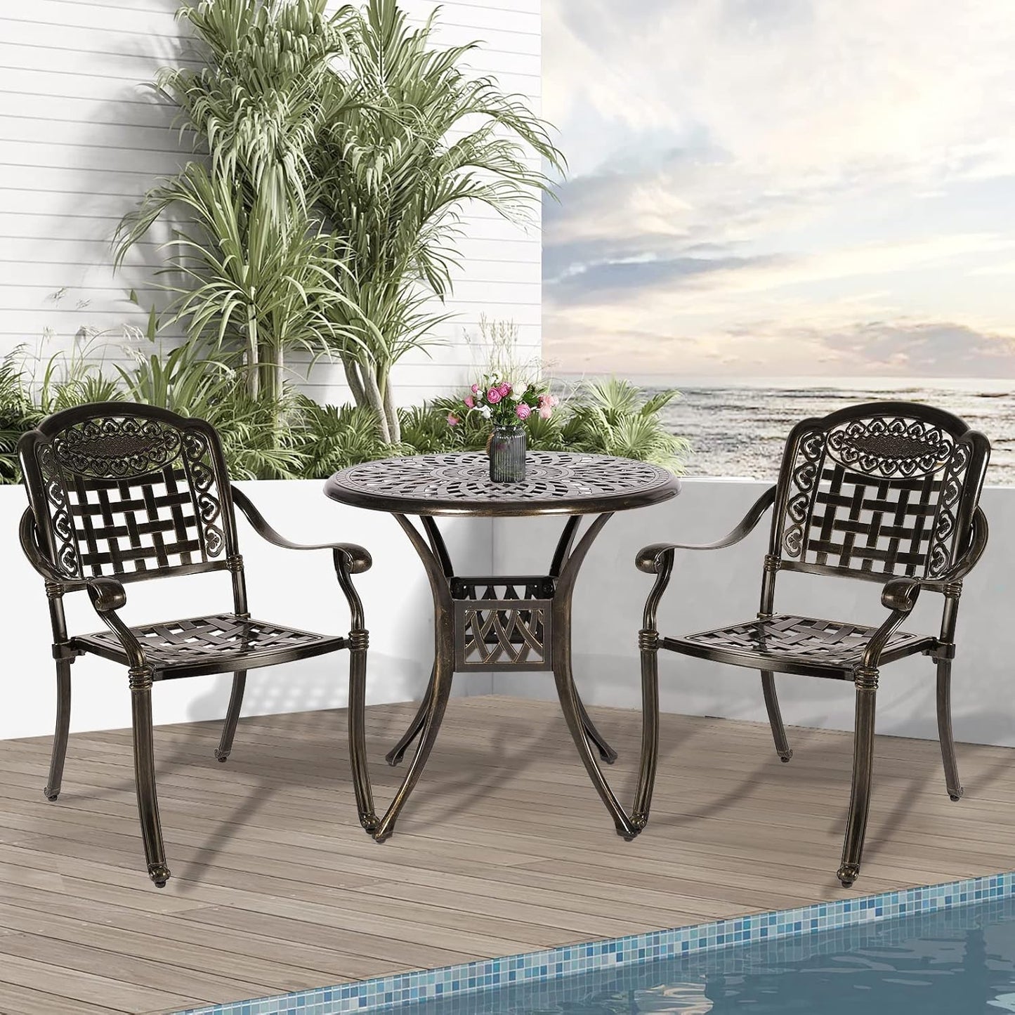 3-Piece Outdoor Patio Dining Set, All-Weather Cast Aluminum Patio Furniture Set for Backyard Garden Deck with 2 Chairs and 31” Round Table, 2" Umbrella Hole