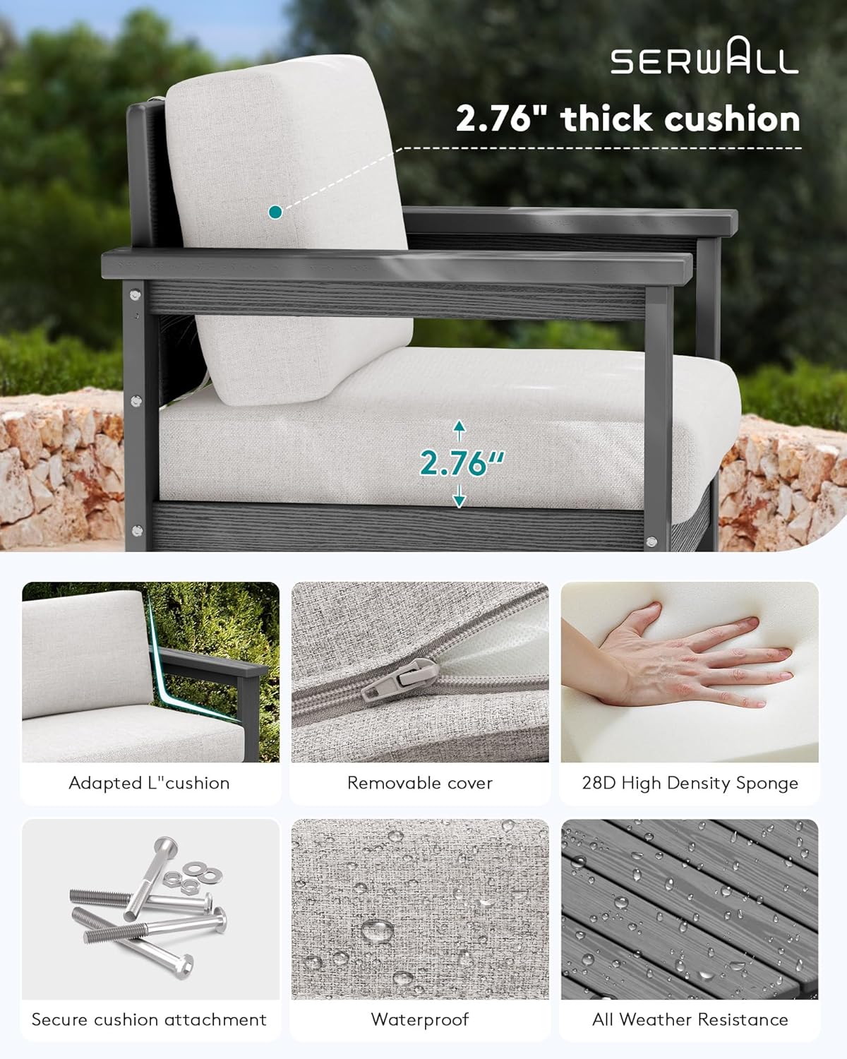 SERWALL 6 Pieces HDPE Outdoor Sofa Set with Cushions, Outdoor Conversation Couch Loveseat Furniture Set with Coffee Table for Balcony, Deck, Poolside, Grey Frame with Khaki Cushions