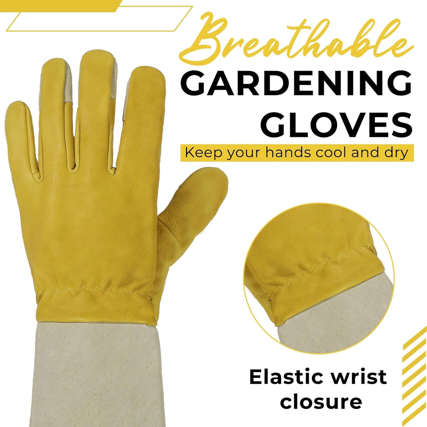 HANDLANDY Rose Pruning Gardening Gloves for Men Women, Thorn Proof Forearm Protection Leather Garden Gloves, Gardening Gifts for Gardeners (Yellow- Goatskin, X-Large (Pack of 1))