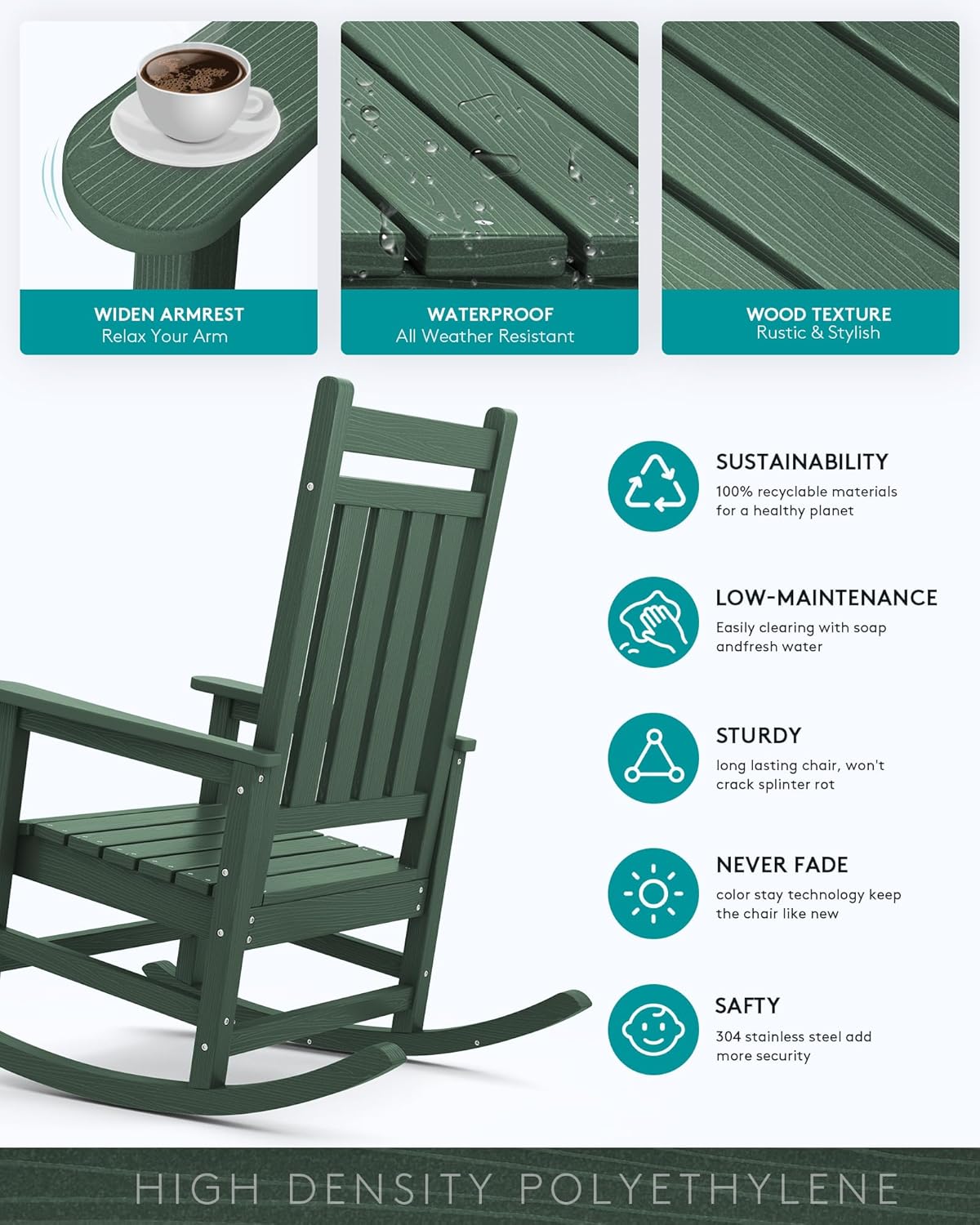 SERWALL HDPE Rocking Chair, Outdoor Rocking Chair for Adults, All Weather Porch Rocker for Lawn Garden, Green