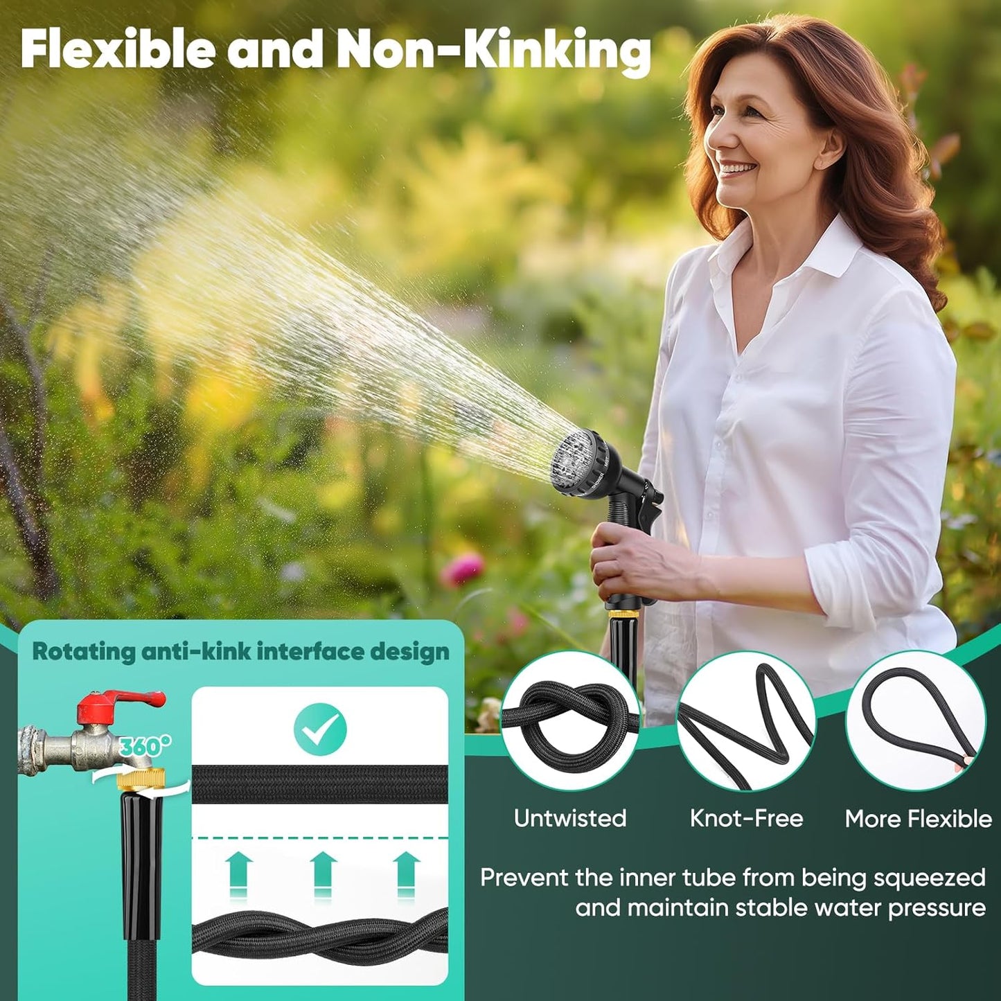 Garden Hose 10FT, Non-Expanding, Lightweight Hose, Leak-Proof Metal Interface, No-Knots, Easy to Carry, Wear-Resistant, Sturdy, Flexible, 3/4GHT, Water Hose for Yard, Garden, No Nozzle