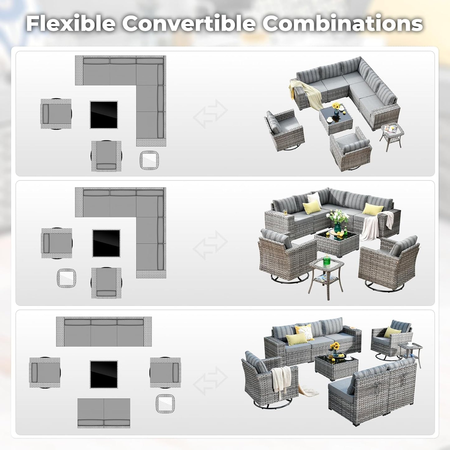 ovios 9 Pieces Patio Furniture Set, Outdoor Wicker Sectional Sofa with 2 Swivel Chairs Coffee Table, Modern Modular Deep Seat Rattan Couch Conversation Sets, Dark Gray Stripe