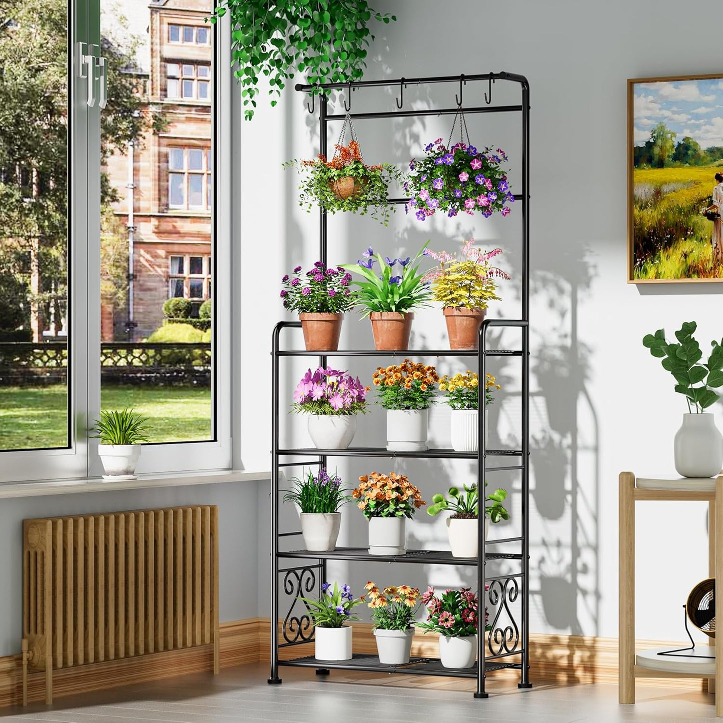 Plant Stand Indoor Outdoor Heavy Duty Metal - 68.4" Tall 4-Tier Shelf for Multiple Plants, Flowers, Rustproof Black Storage Rack for Patio, Balcony, Living Room, Garden, Includes Hooks&Adjustable Feet