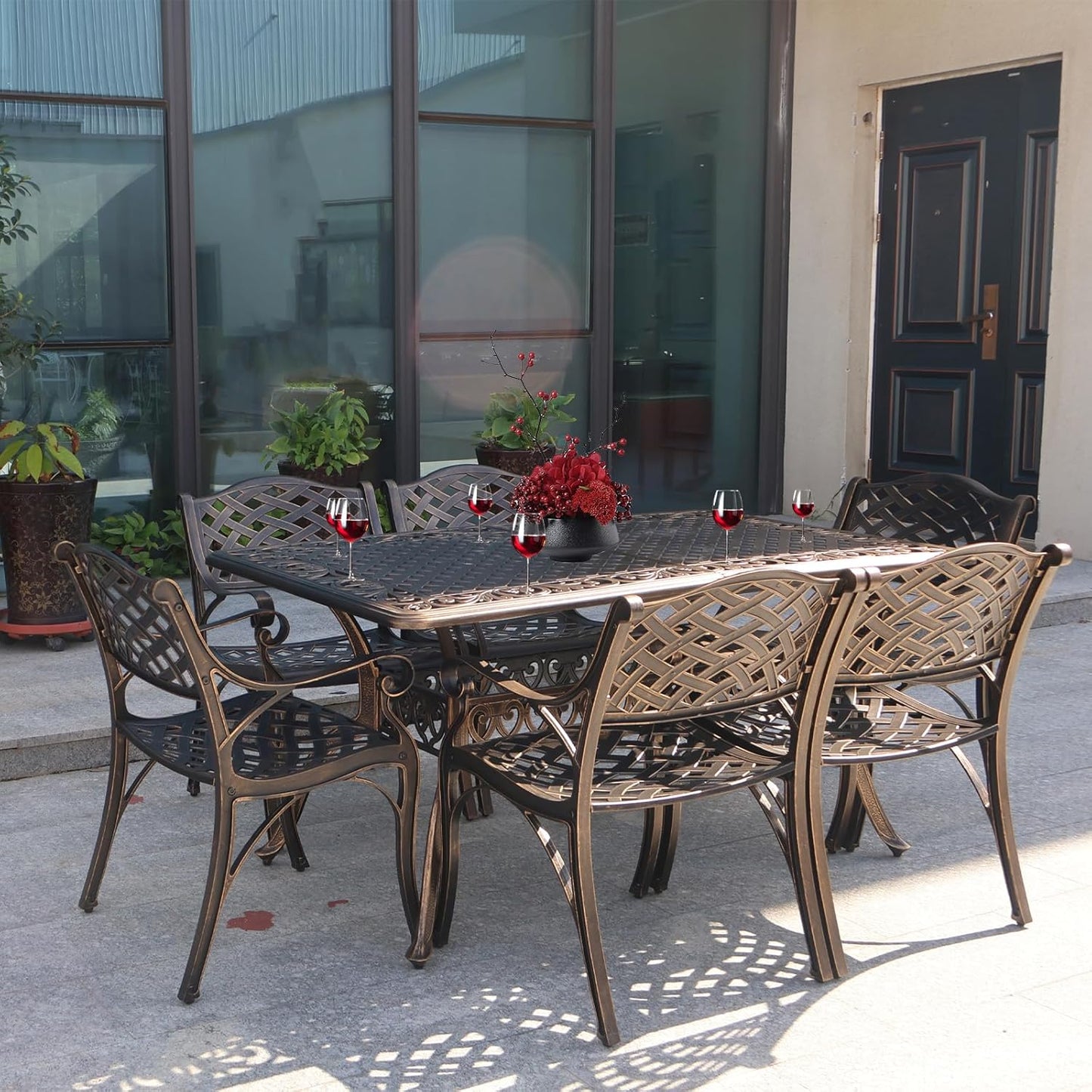 Rectangle Patio Table 59" Cast Aluminum Patio Dining Table with 2.56" Umbrella Hole, Weather-Resistant Outdoor Dining Table for 6-8 Person, Balcony Garden Table 59" x 35.5" x 29", Bronze