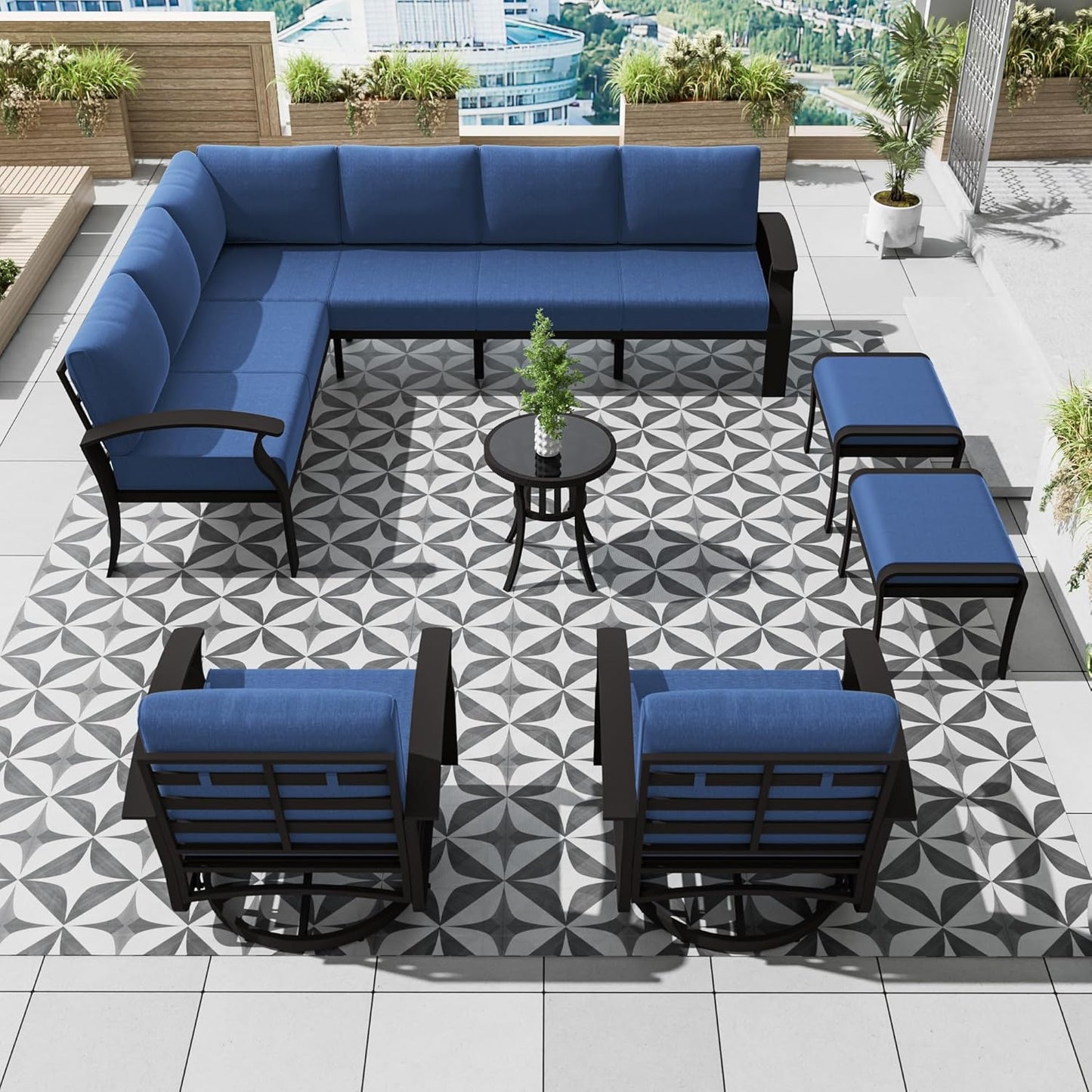 Aluminum Patio Furniture Set, 10 Seats Outdoor Patio Conversation Set with Swivel Chair Modern Metal Patio Sectional Sofa with Coffee Table for Patio, Backyard(Navy Blue).