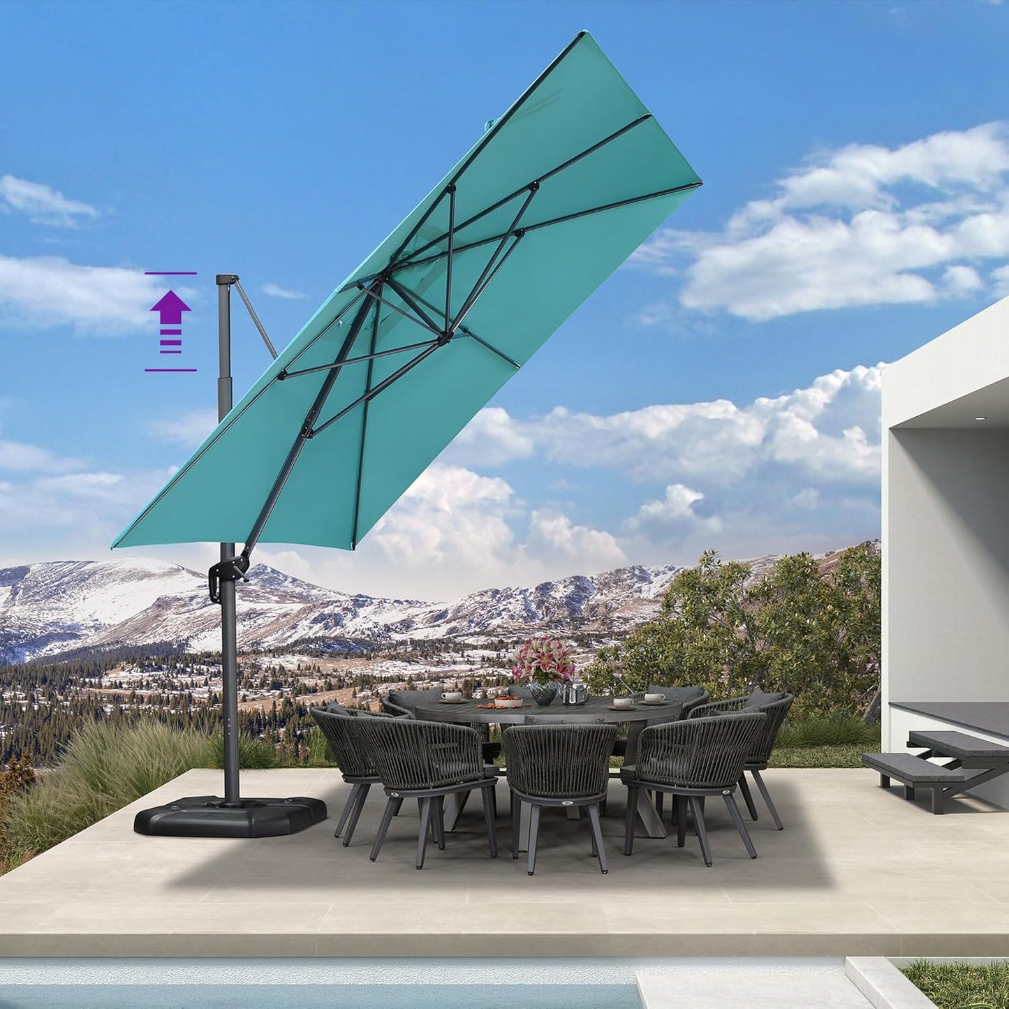 PURPLE LEAF 11.5' X 11.5' Telescopic Patio Umbrella Outdoor Cantilever Umbrella Square Up Down Lifting Offset Umbrella with 360-degree Rotation for Garden Deck Pool Patio Turquiose
