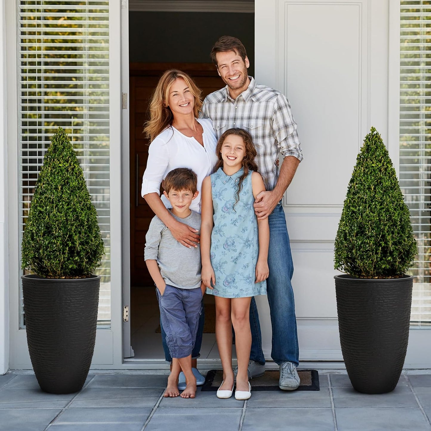 WORTH Garden 2-Pack 21" H. Black Tall Planters with Inside Pots - 14'' Dia Plastic Large Round Plant Tree Pots - Decorative Imitation Stone Finish for Indoor Outdoor Front Porch Container Patio
