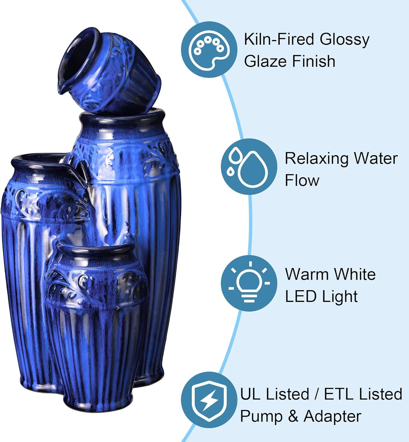 Glitzhome 27.25" H Outdoor Garden Water Fountain with LED Lights and Pump, 4 Tier Cobalt Blue Embossed Pattern Ceramic Pots Cascading Floor Standing Fountain for Porch Deck Patio Backyard Decoration