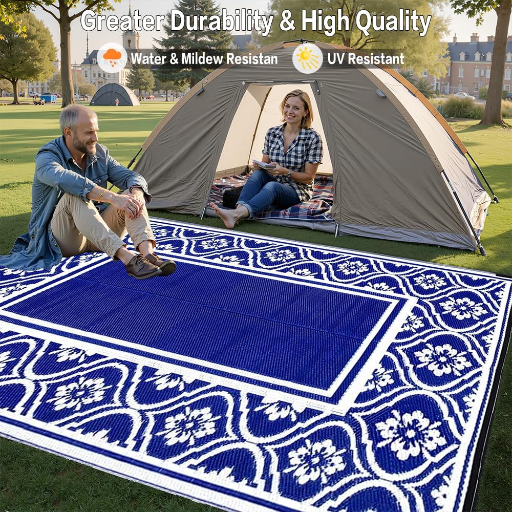Plastic Outdoor Rug 6'x9' Waterproof Camping Carpet Outside Area Rug Reversible Light Blue Rugs for RV Deck Entryance Porch Picnic Balcony Beach