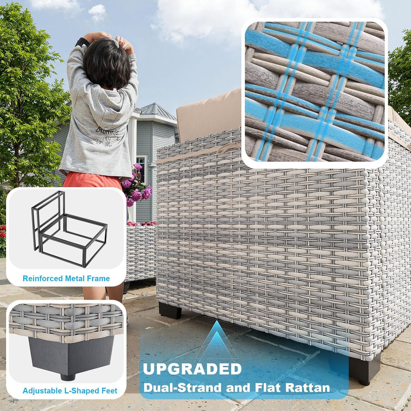 7-Piece Patio Furniture Set, Outdoor Sectional with Thick Cushions, Modular Patio Sofa, Dual-Strand Wicker Rattan, Rust-Resistant Frame, Backyard Furniture for Garden, Deck, Khaki