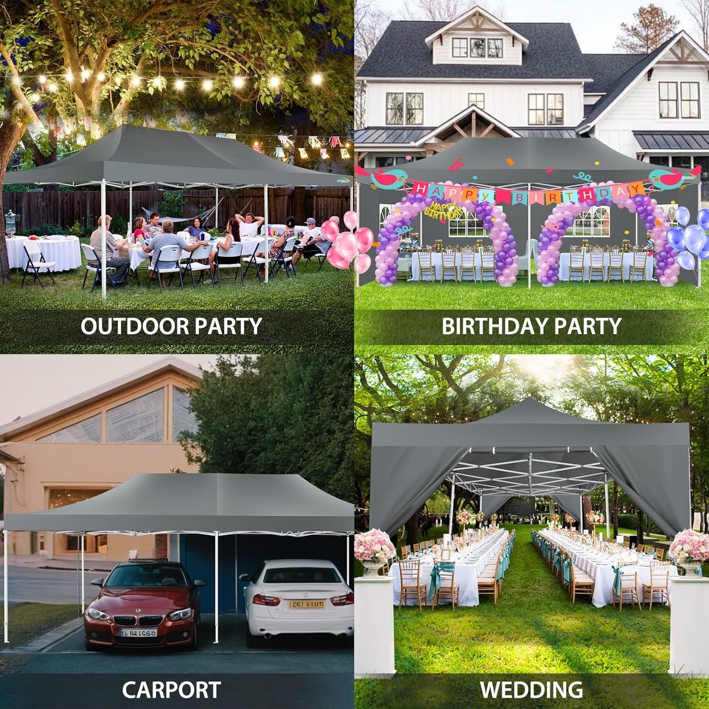 COBIZI 13x26 Pop Up Canopy with 6 Sidewall,Heavy Duty Canopy UPF 50+ All Season Wind Waterproof Commercial Outdoor Wedding Party Tents for Parties Canopy Gazebo with Roller Bag(13 x 26 ft Gray)