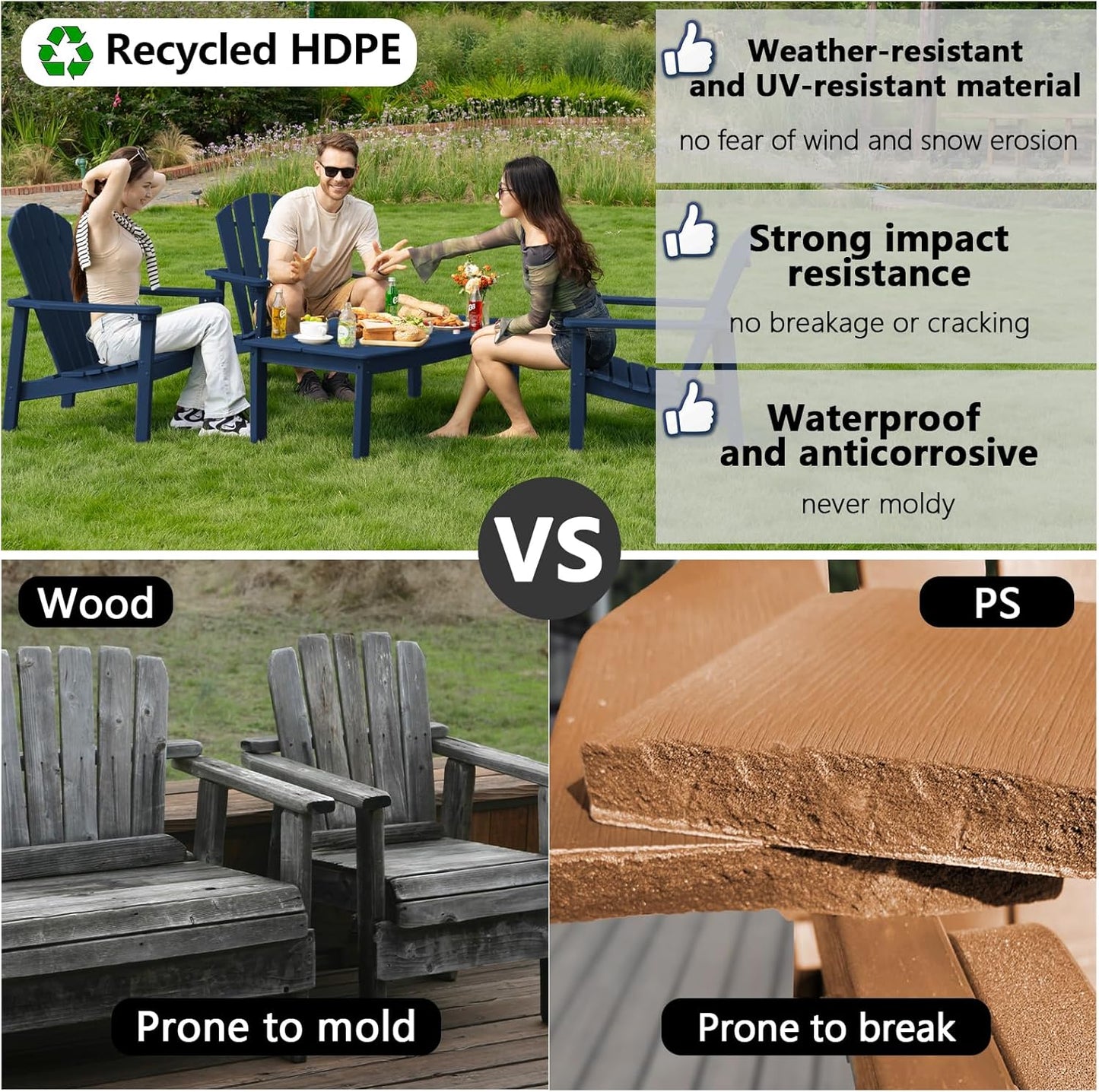 Stackable Adirondack Chair, HDPE Outdoor Patio Chair - Durable and Space Saving, Suitable for Porches, Lawns or Garden, Navy