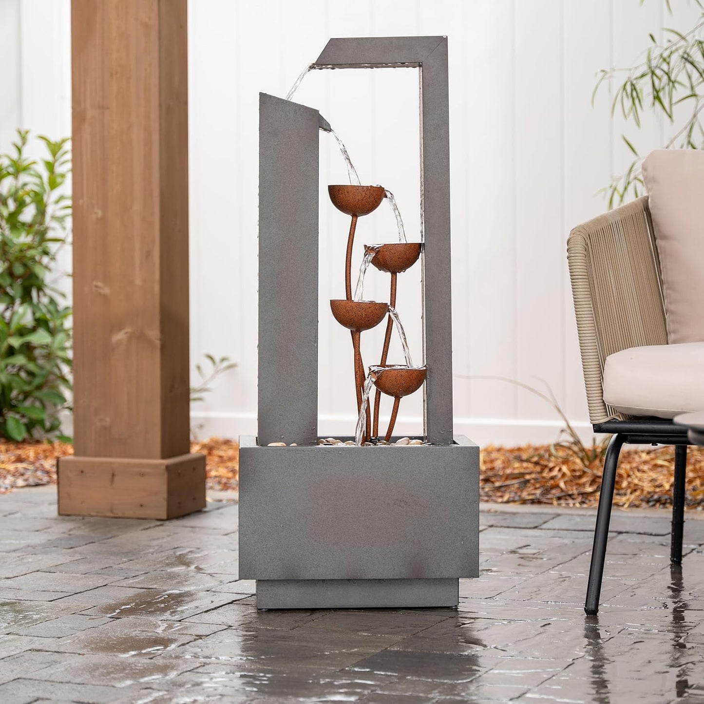 XBrand Sculptural Freestanding Metal Multi-Tiered Water Fountain w/Flowers, No LED Lights, Gray and Bronze, 38" Tall
