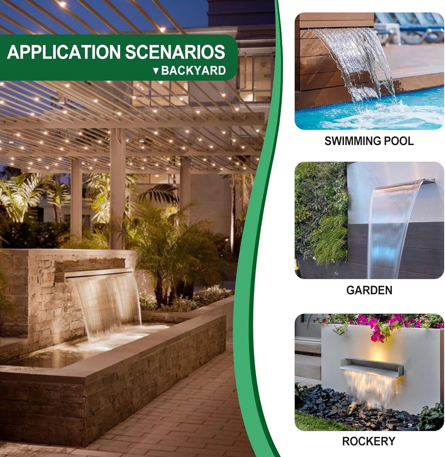 Waterfall Pool Fountain LONGRUNNEW 304 Stainless Steel 35.4" Rectangular Waterfall Spillway, Water Fall Fountain with Pipe Connector for Garden Outdoor, Swimming Pools, Fountains, Pond and Spa