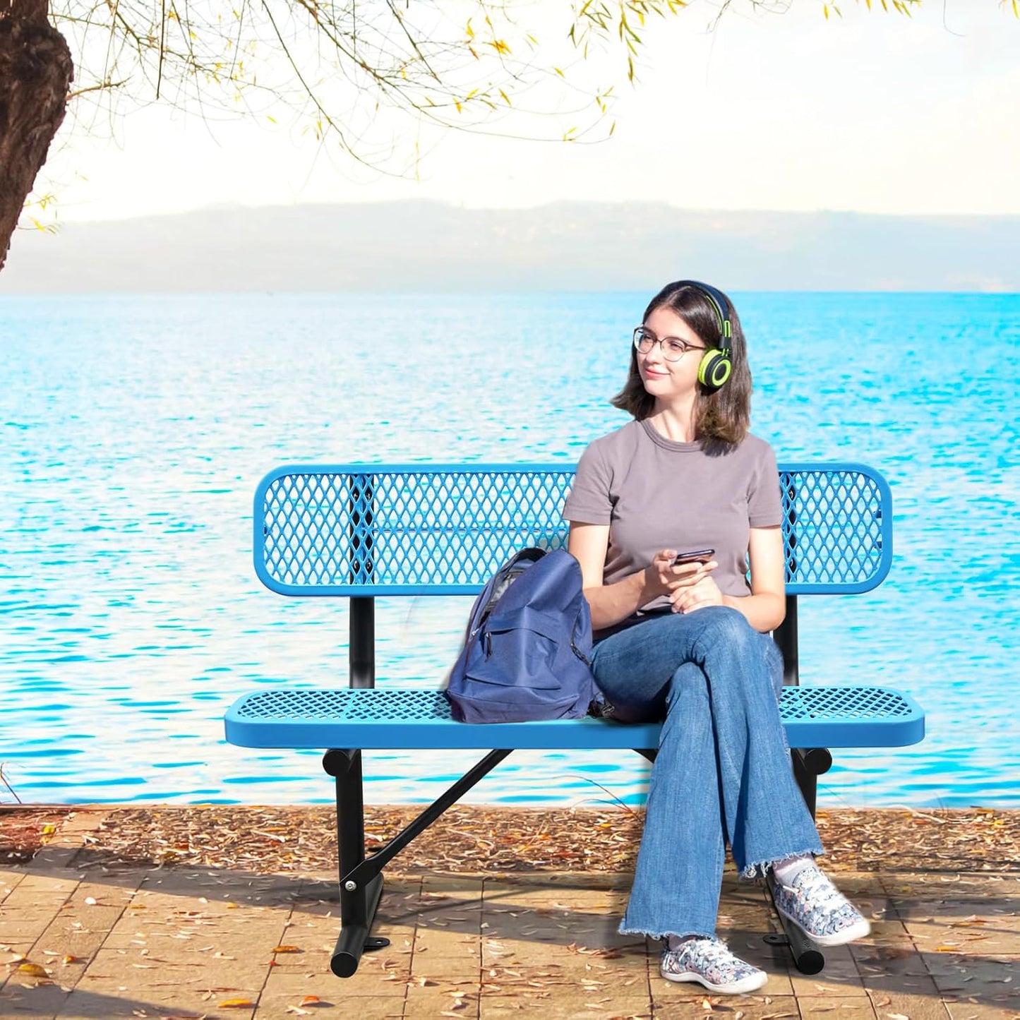 Thermoplastic Coated Iron Park Bench for Outside, Heavy Duty Metal Garden Bench, Expanded Commercial Grade Seating for Shopping Malls, Lawn Yard Porch Entryway (Blue with Backrest, 48IN)