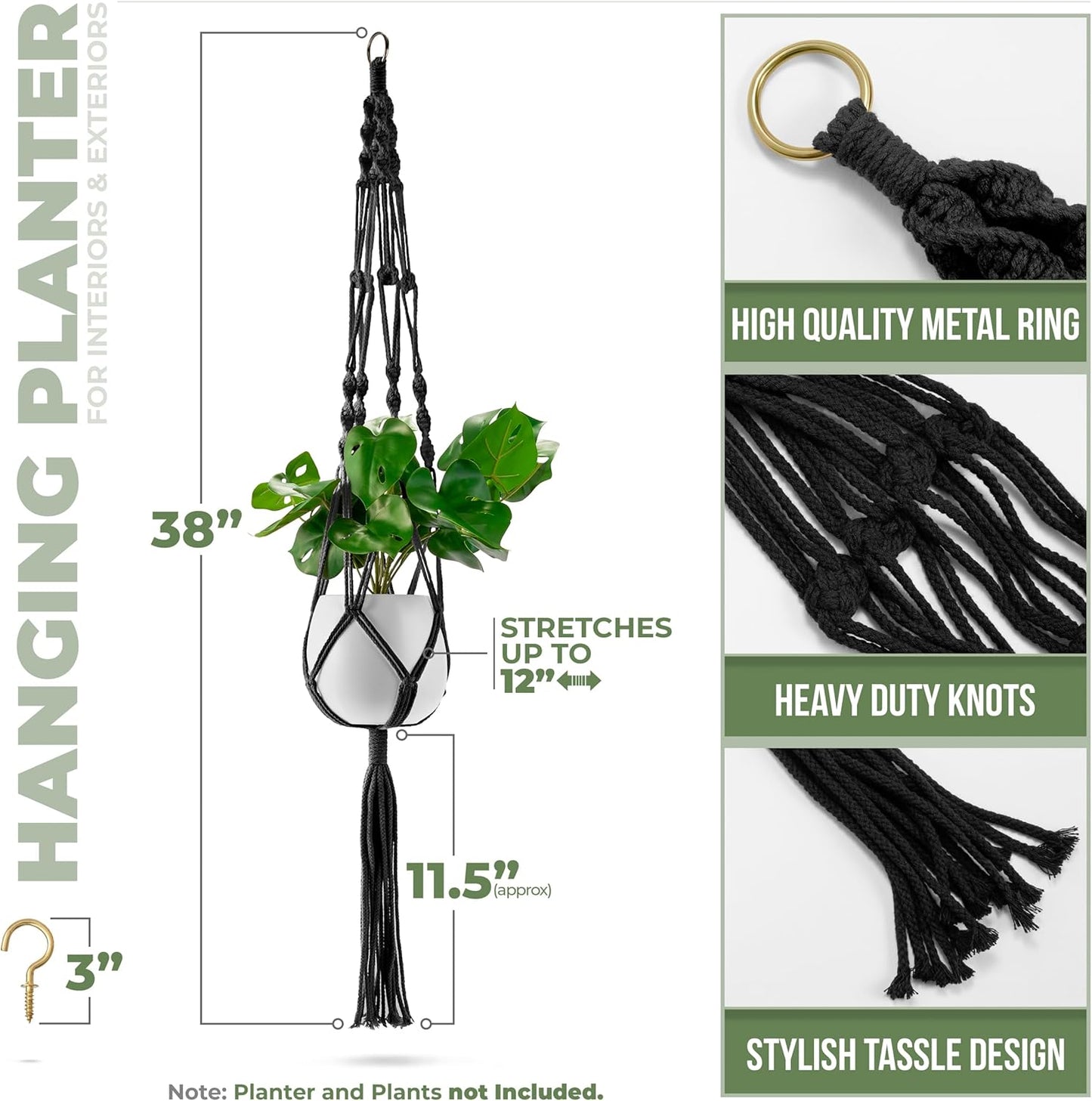 Sorbus Macrame Plant Hanger (8 Pack) Indoor Outdoor Hanging Plant Pots Cotton Rope, Elegant for Home, Patio, Garden (Black)