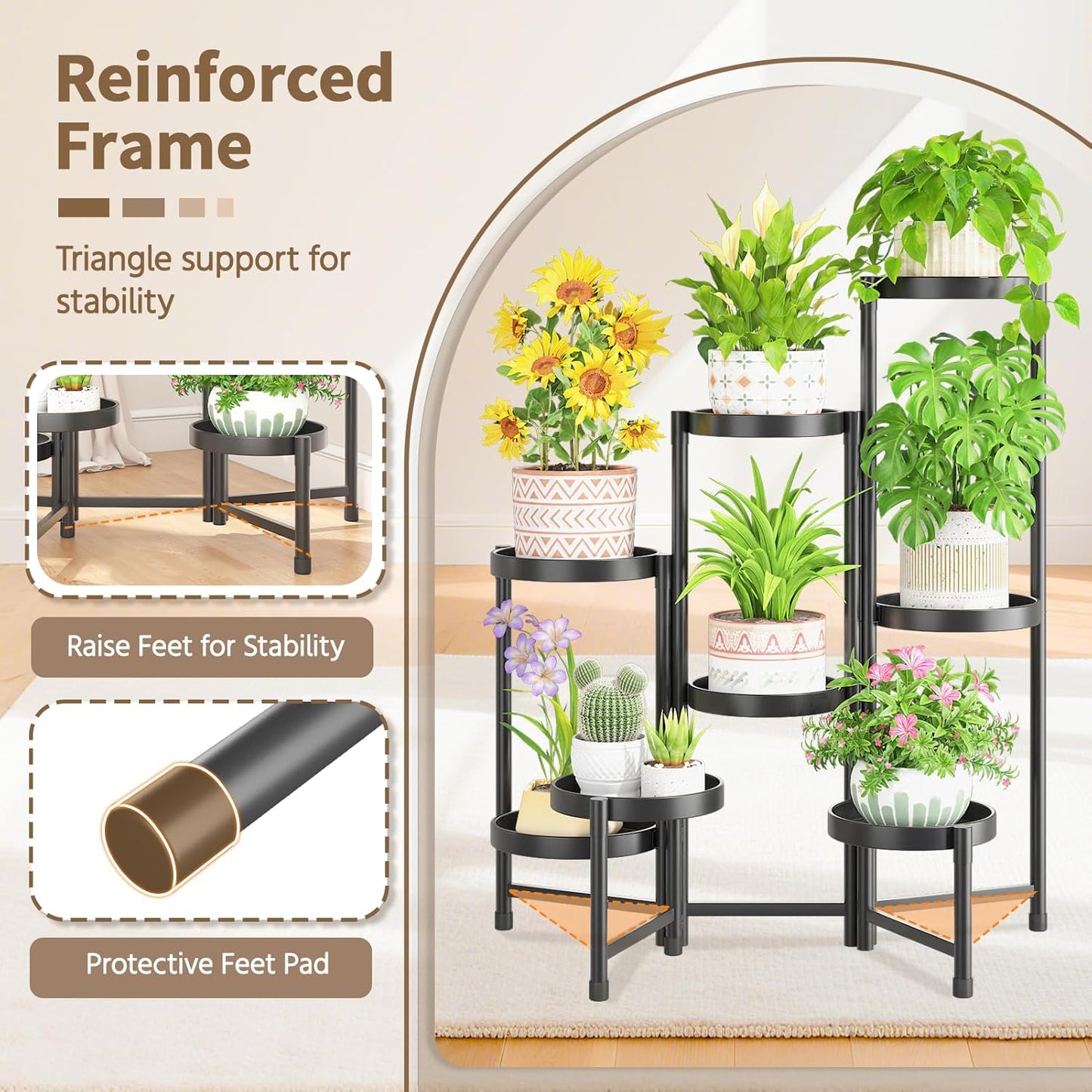LASZOLA 8 Tiered Folding Plant Stand Indoor for Multiple Large Planter, Tall Heavy Duty Adjustable Rack with Rust Proof 10 Inch Wide Tray, Sturdy Vertical Tree Organizer for Narrow Inside Floor, Black
