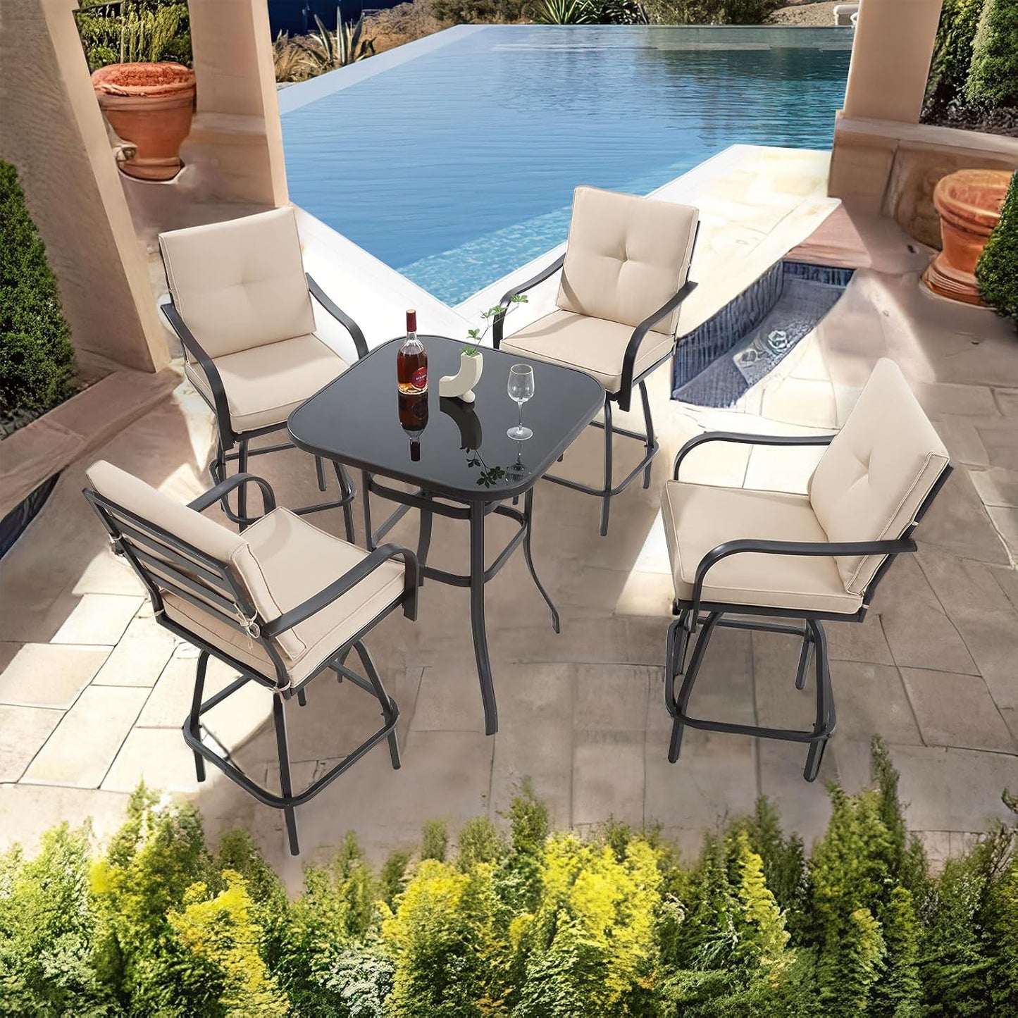 Patio Swivel Bar Stools Set of 6, Outdoor Bar Height Patio Swivel Chairs with Cushion for Garden Balcony Backyard (Beige)