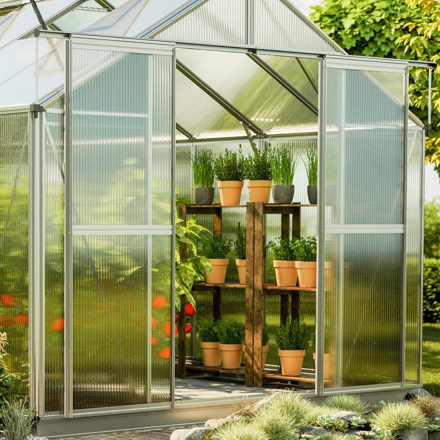 Greenhouse Topas 7 Aluminum Frame 7.4 x 14.7 ft with Approx. 8 mm Polycarbonate Panels - with Bonus Base Frame and Automatic Vent Opener