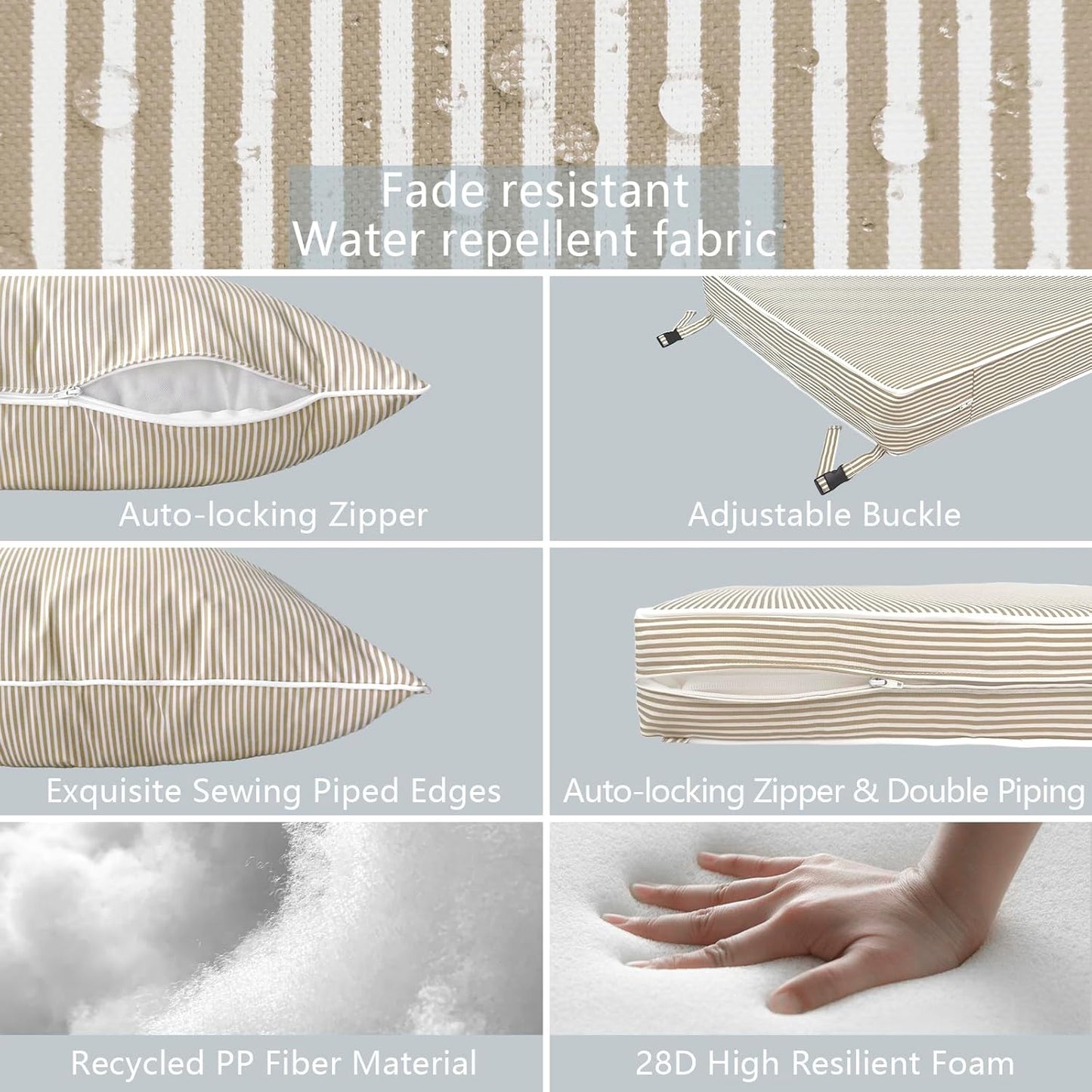 LVTXIII Outdoor Deep Seat Cushion Patio Seat and Back Cushion Set Seasonal Chair Cushion with Removable Cover and Adjustable Buckle for Home and Garden, 24"x24"x4", Strip Beige