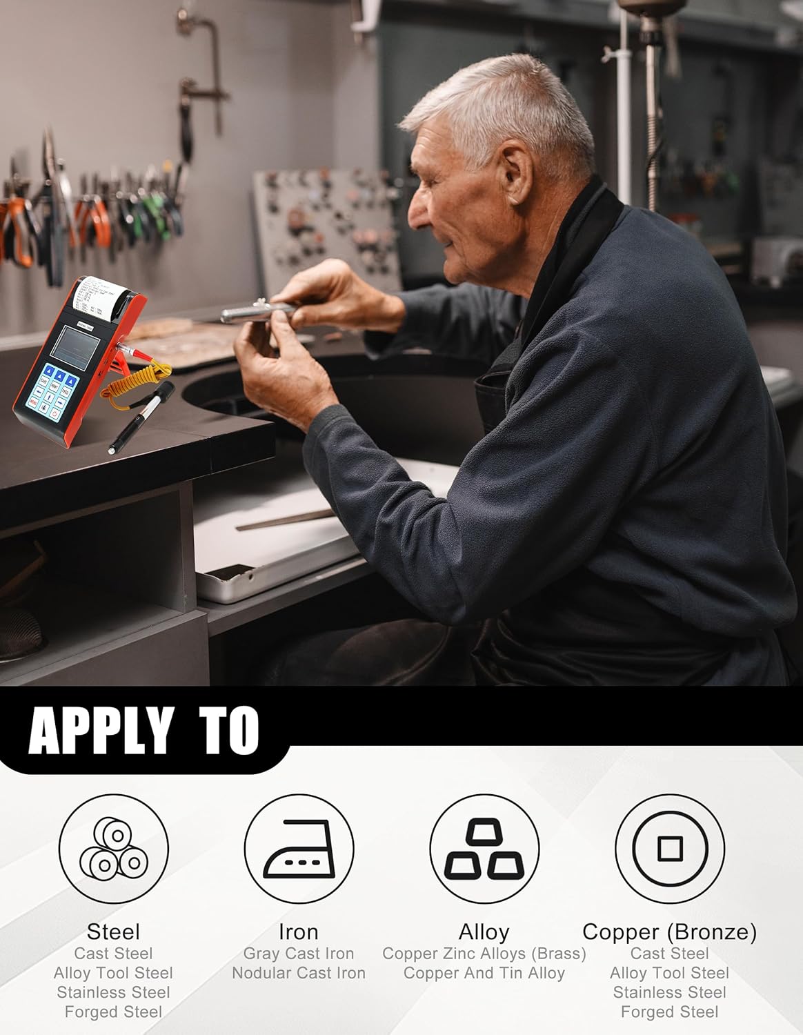 AMT212 Portable Built-in Printer Durometer Digital Handheld Leeb Hardness Tester with Standard D Impact Device PC Software for Steel Aluminum Iron Alloy Copper