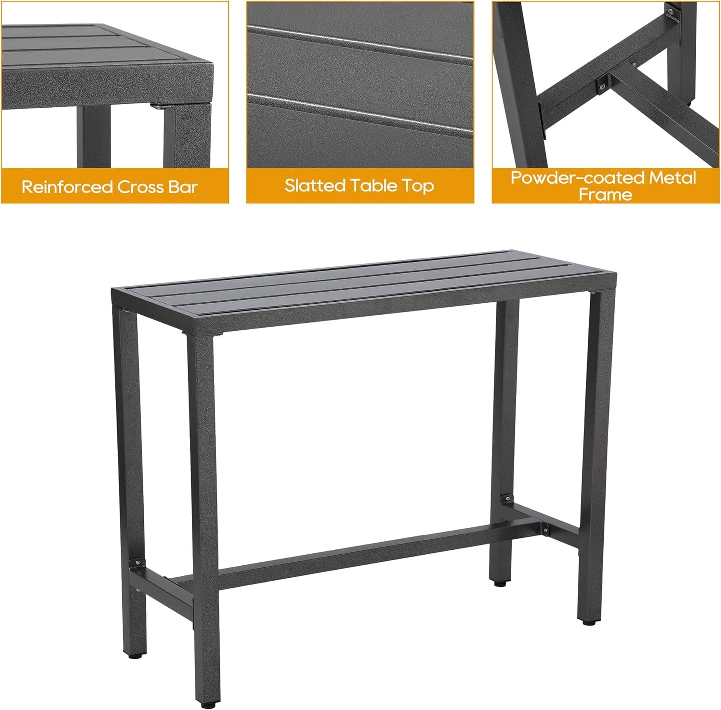 Outdoor Patio Bar Set, Bar Height Patio Dining Set, Weather-Resistant Bistro Counter Pub Set with Cushions & Slatted Tabletop for Backyard (Gray, 47" Table, 2 "I Style Stool)