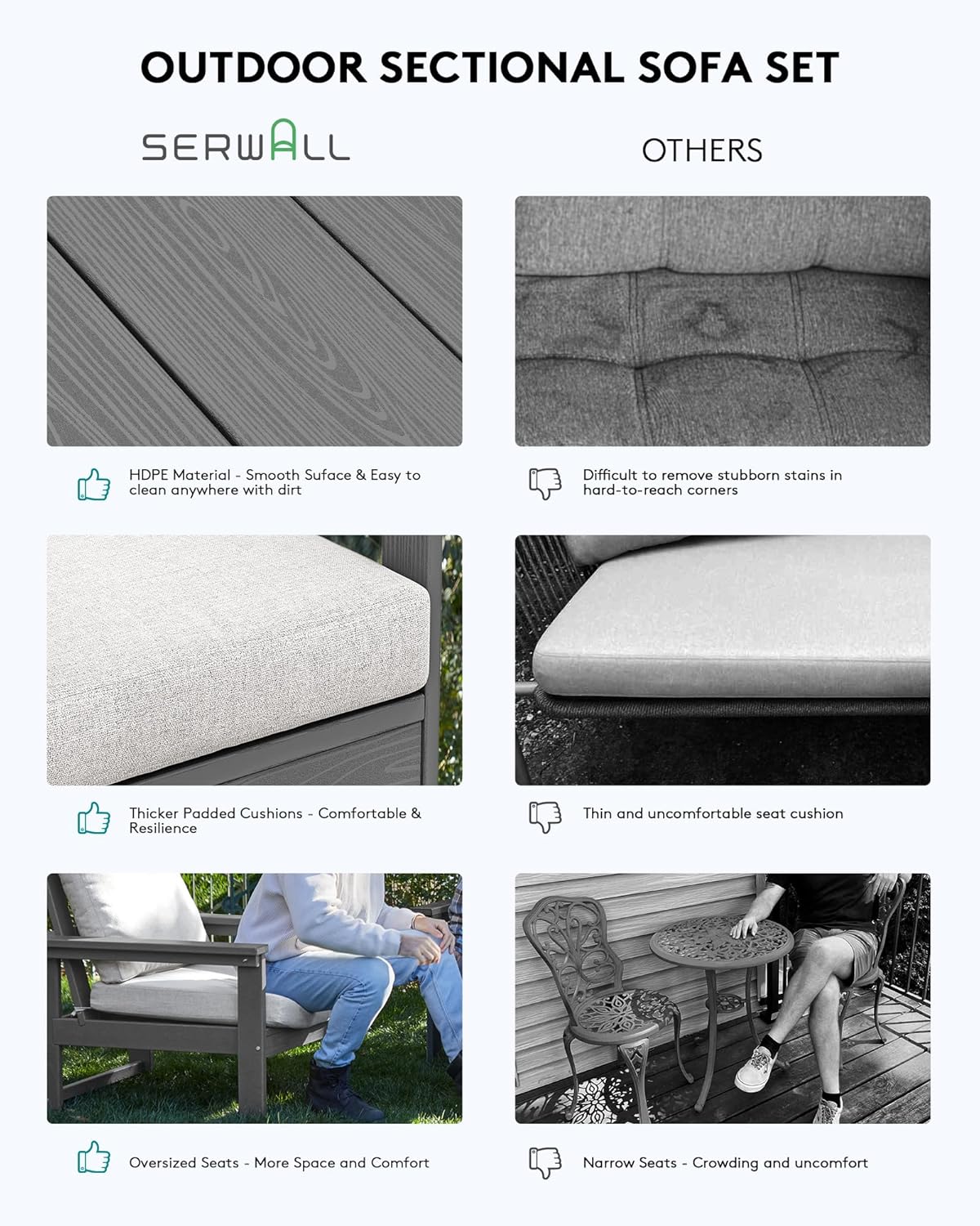 SERWALL HDPE Patio Sofa Set, 3-Piece Sectional Outdoor Furniture Set, All Weather Outdoor Couch Set Patio Furniture Set for Deck, Lawn, Grey Frame with Khaki Cushion