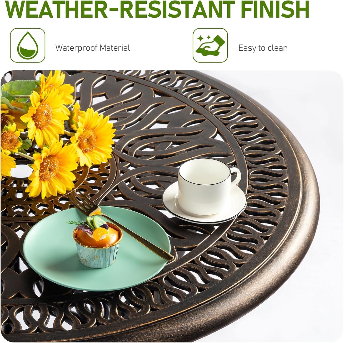 Outvita Patio Side Table, 35.4in Outdoor Round Cast Aluminum Bistro Table with Umbrella Hole and Antique Design for Backyard Porch Pool Balcony Deck Bronze