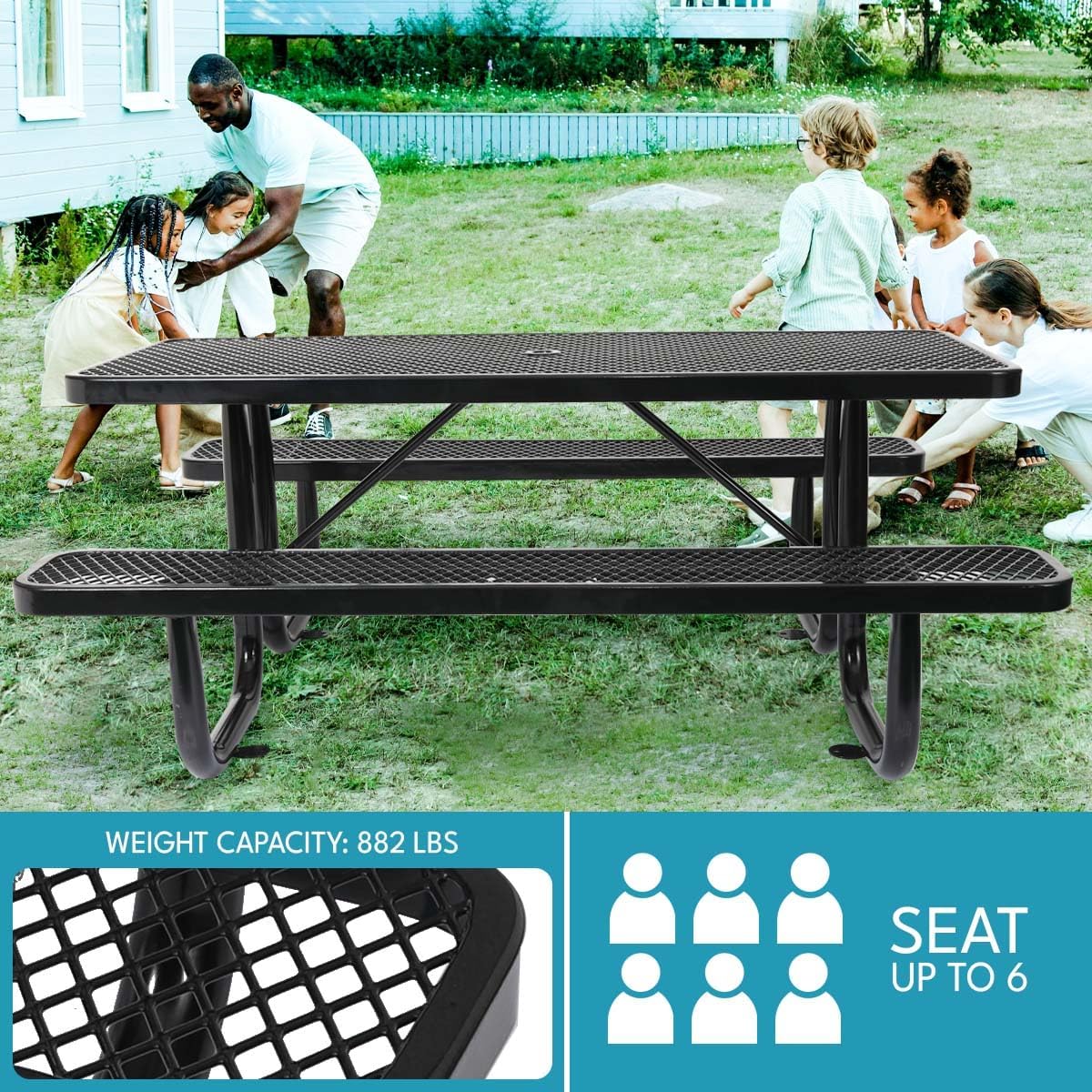 6 ft. Rectangular Outdoor Steel Picnic Table with Umbrella Pole, Heavy-Duty Weather-Resistant Dining Table for Patio, Backyard, and Garden, Rust-Resistant Finish, Black