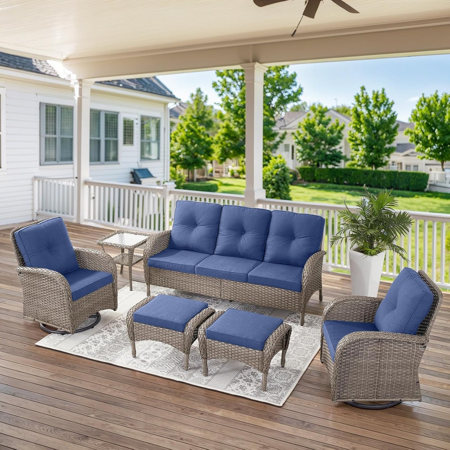 6 Pieces Wicker Patio Furniture Set - Swivel Rocker Outdoor Chairs with Outdoor Couch and Side Table, All-Weather Patio Conversation Set for Deck Sunroom Backyard