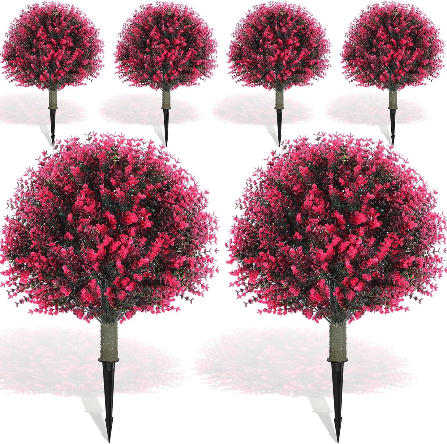 Yunlly 6 Pcs 18 Inch Artificial Boxwood Ball Topiary Tree Fake Outdoor Plants Bush, UV Resistance Faux Shrubs with Spike Realistic Greenery Potted for Indoor Garden Yard Porch Patio Decor (Rose Red)