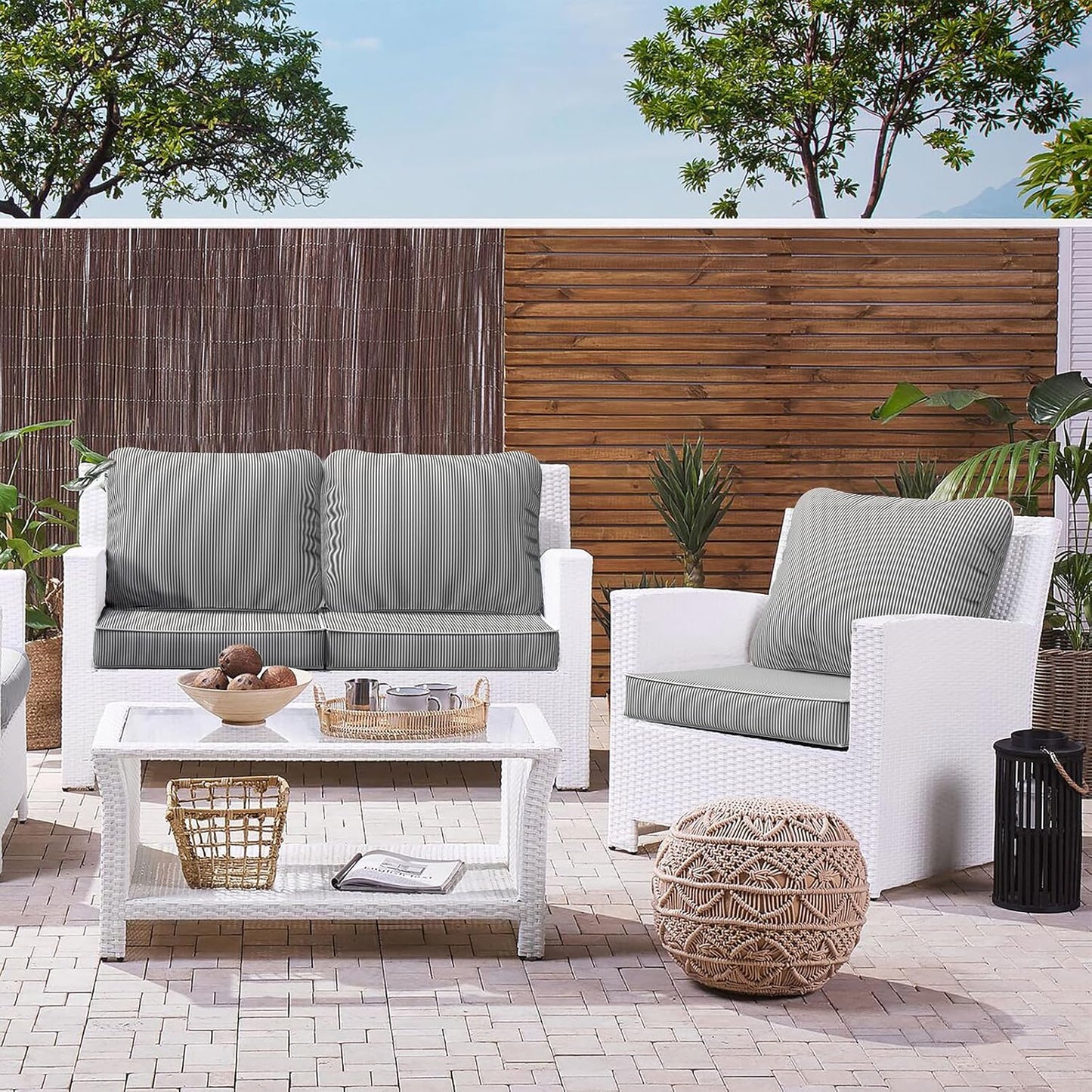 LVTXIII Outdoor Seat and Back Cushion Patio Deep Seat Cushion Set Seasonal Chair Cushion for Wicker Chairs and Garden Furniture Decoration, 24"x24"x4", Strip Grey