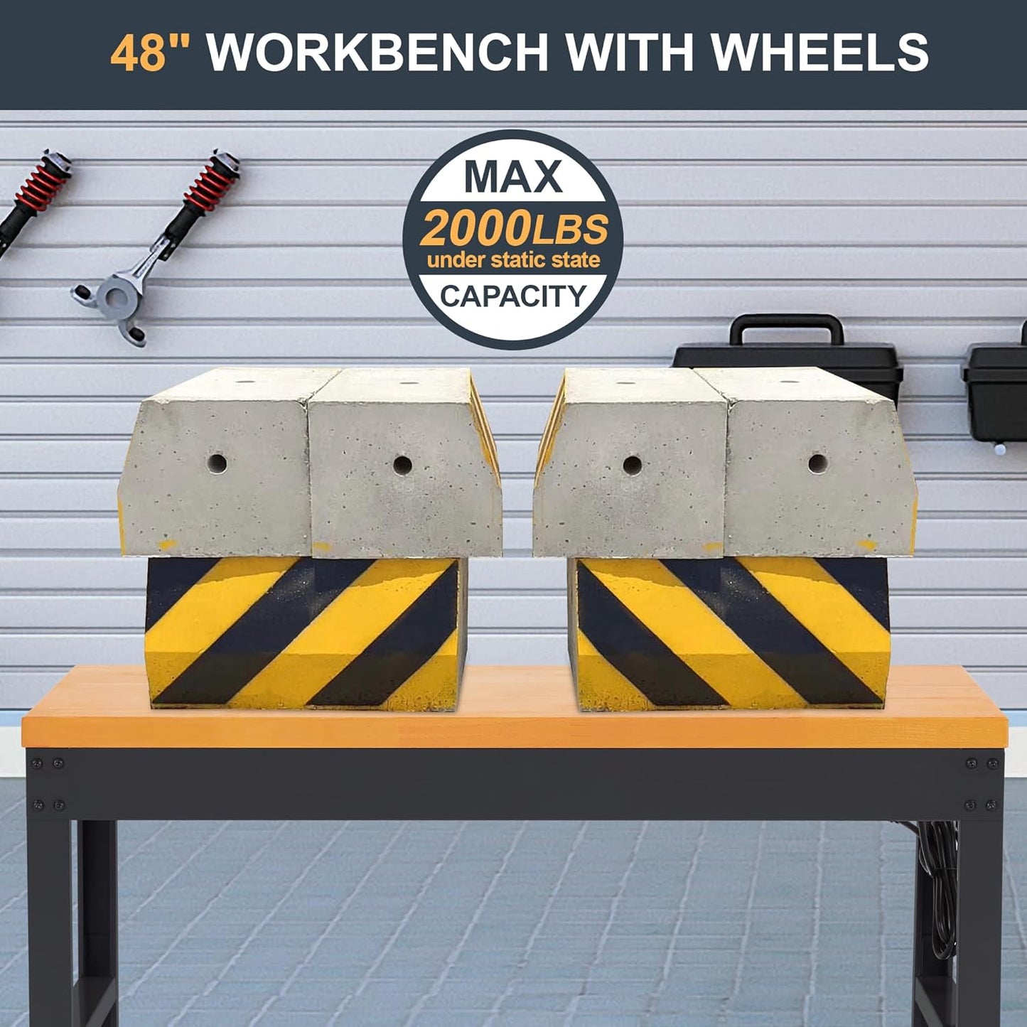 HABUTWAY Height Adjustable Workbench with Wheels 48" x 24" 2000 Lbs Capacity Solid Wood Work Station Heavy-Duty Rolling Work Tables for Garage Party Shop Office