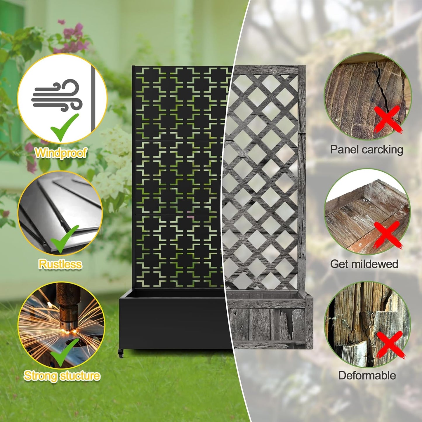 FENCY Metal Raised Garden Bed with Wheels and Trellis,73"x47"x16" Planter Box for Climbing Plants, Vegetables & Vines, Features Privacy Screen and Drainage Holes (Black-Square)