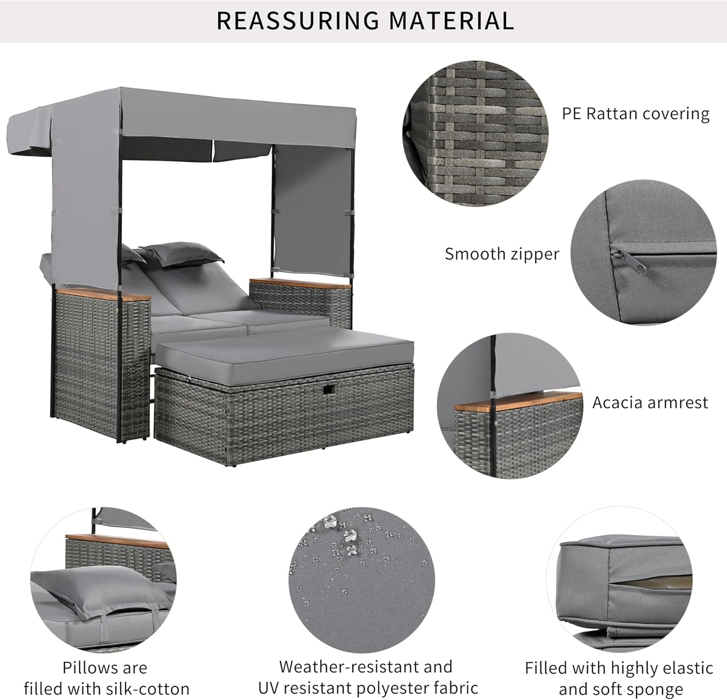 Merax 2-Piece Outdoor Rattan Daybed, Wooden Handrail Table Patio Loveseat Sofa Bed with Bench Lounge Roof Set and Cushions for Poolside, Backyard and Garden, Grey