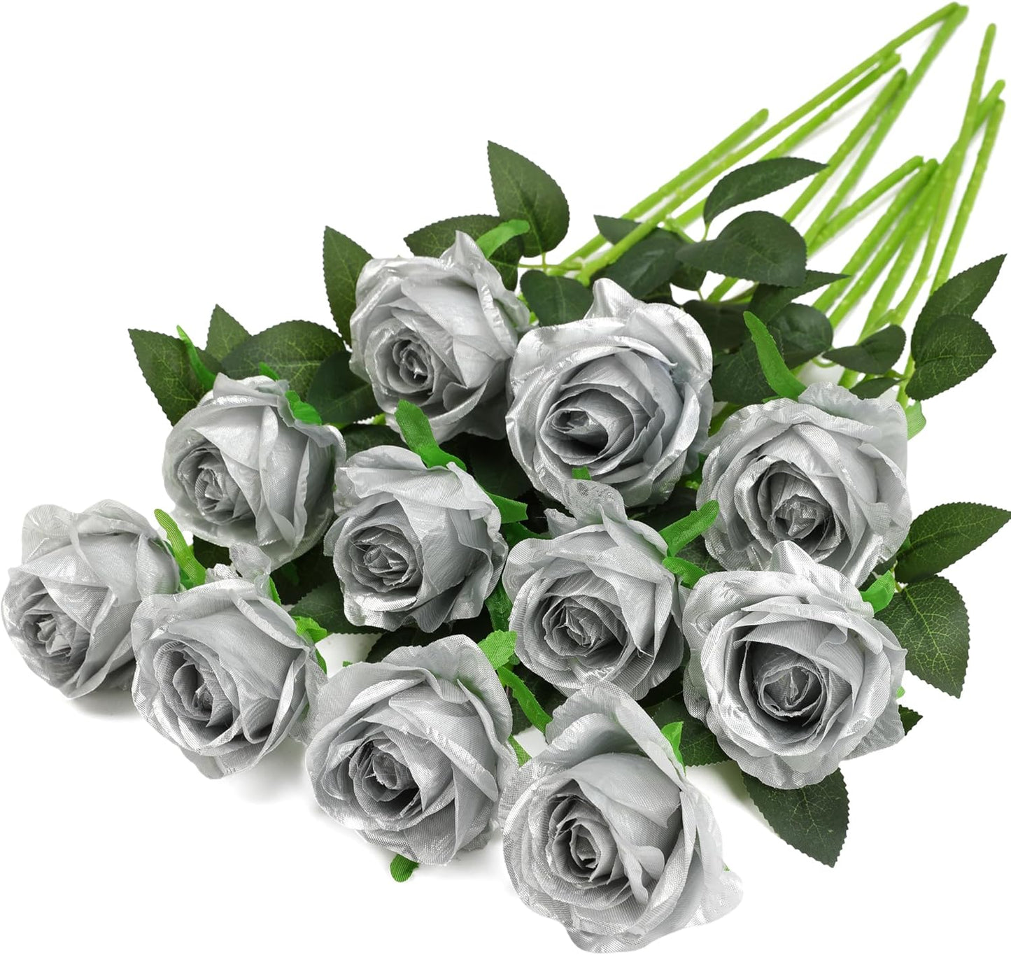 Silver Fake Roses Artificial Flowers - 10 Pcs Fake Artificial Roses Silk Flowers with Stems for Home Wedding Hotel Office Centerpiece Decor