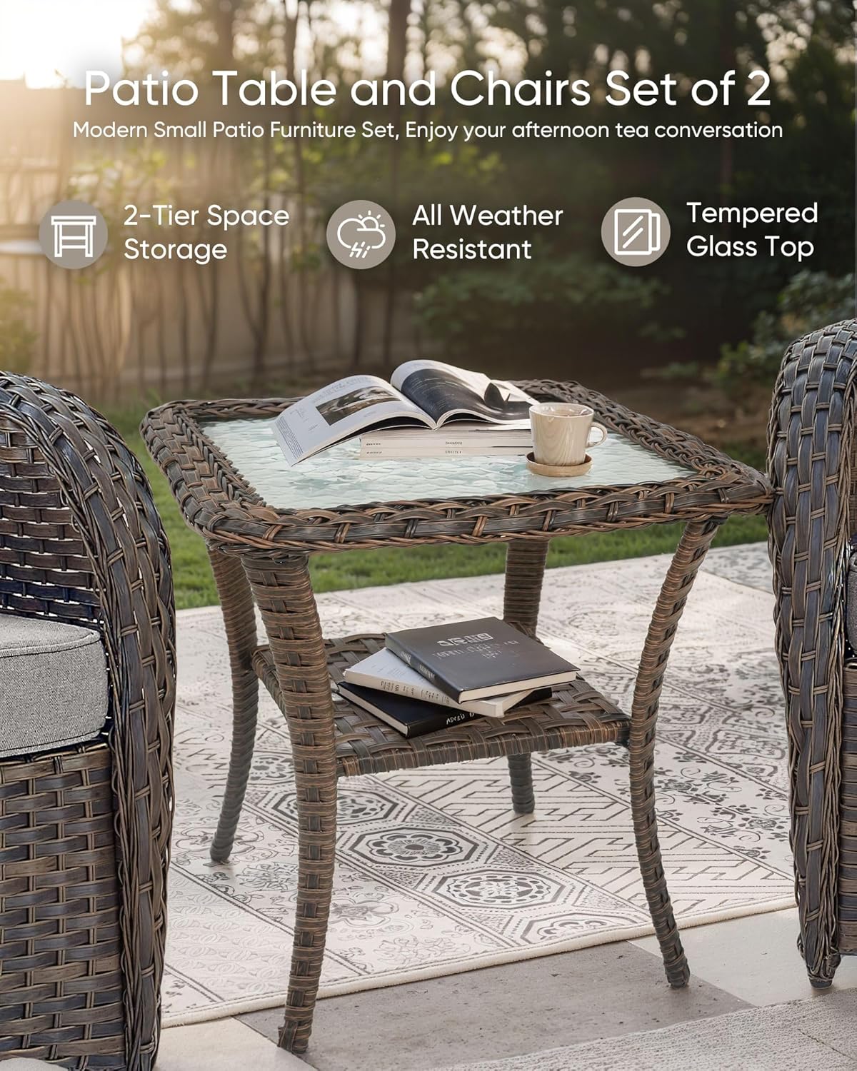 HUMMUH Outdoor Swivel Chairs,3 Pieces Patio Furniture Set with 360 Degree Wicker Swivel Rocking Chairs and Side Table for Garden,Porch,Backyard (Brown/Beige)