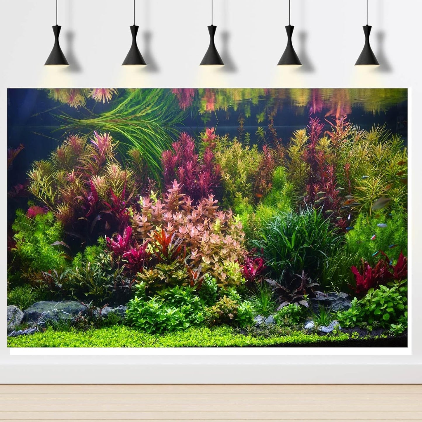 Aquarium Background Various Vivid Fresh Underwater Aquatic Plant Fish Tank Aquarium Backdrop Stone River Bed and Lake Fish Terrarium Background Decor Vinyl 24x12in