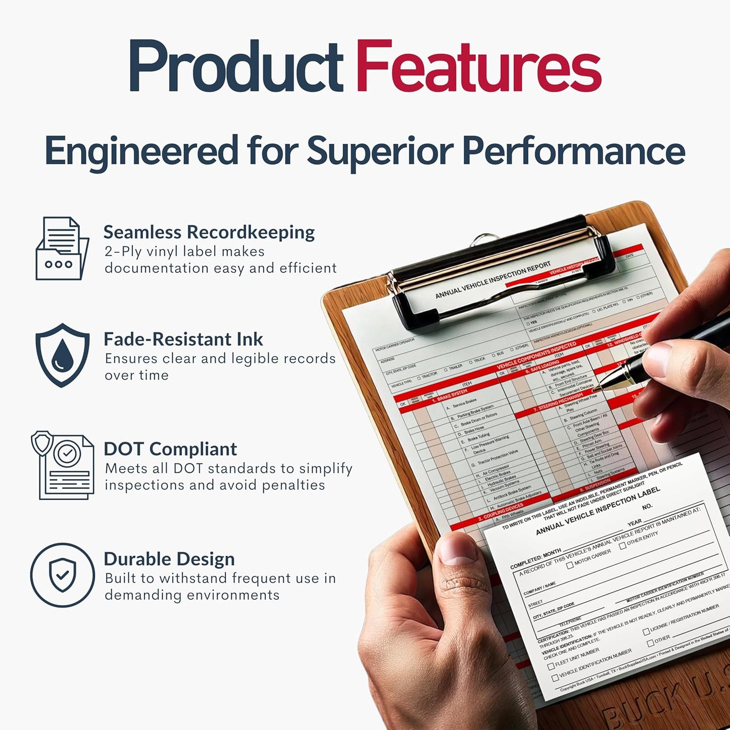 5 Pack Buck Annual Vehicle Inspection Label, 2-Ply Adhesive Vinyl with Mylar Laminate, FMCSA & DOT Compliant, Weatherproof, Tear Resistant, Easy to Write On, 5" x 4" - Made in USA