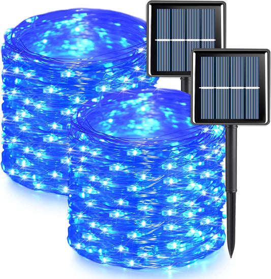 QITONG Blue Solar Fairy Lights Outdoor Waterproof, 2 Pack Each 66ft 200 LED Solar String Lights, 8 Modes Silver Wire Christmas Twinkle Mini Lights