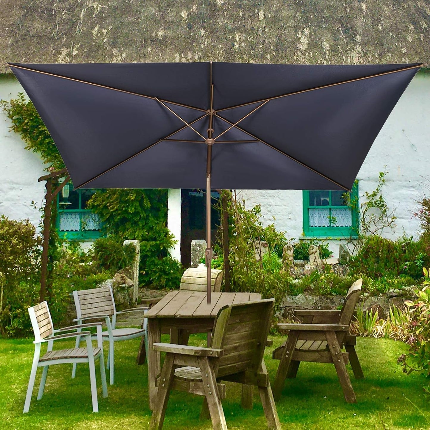 Ogrmar 6.5x10ft Patio Umbrella Rectangular Outdoor Table Umbrella with Crank & Push Button Tilt for Terrace, Backyard, Garden, Courtyard, Swimming Pool, Lawn (Navy Blue)