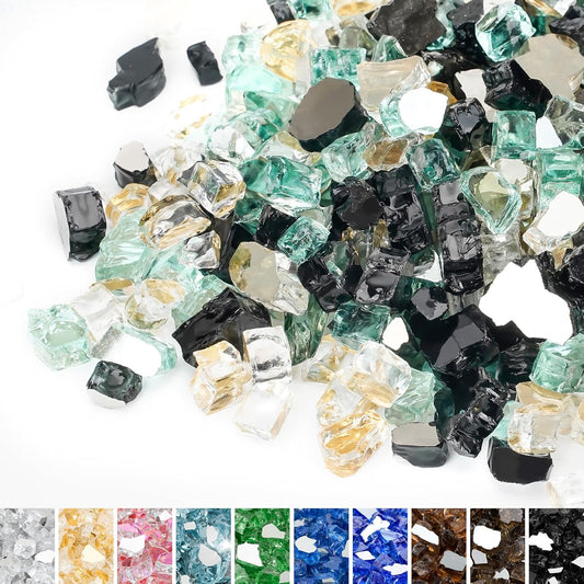 Mr. Fireglass 10 Pounds Blended Fire Glass - 1/4 Inch Mixed Colored High Luster Reflective Tempered Fireglass Rocks for Fireplace Fire Pit Table and Landscaping, Light Green+Onyx Black+Platinum