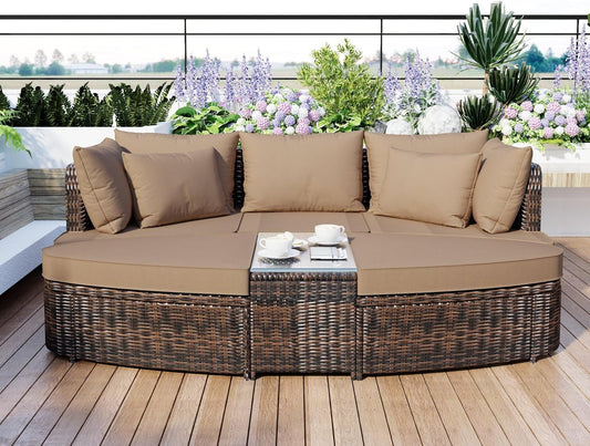 kevinplus Outdoor Patio Outdoor Daybed Patio Sunbed, All-Weather PE Wicker Patio Outdoor Conversation Round Sectional Sofa Couch Set with Coffee Table, Brown