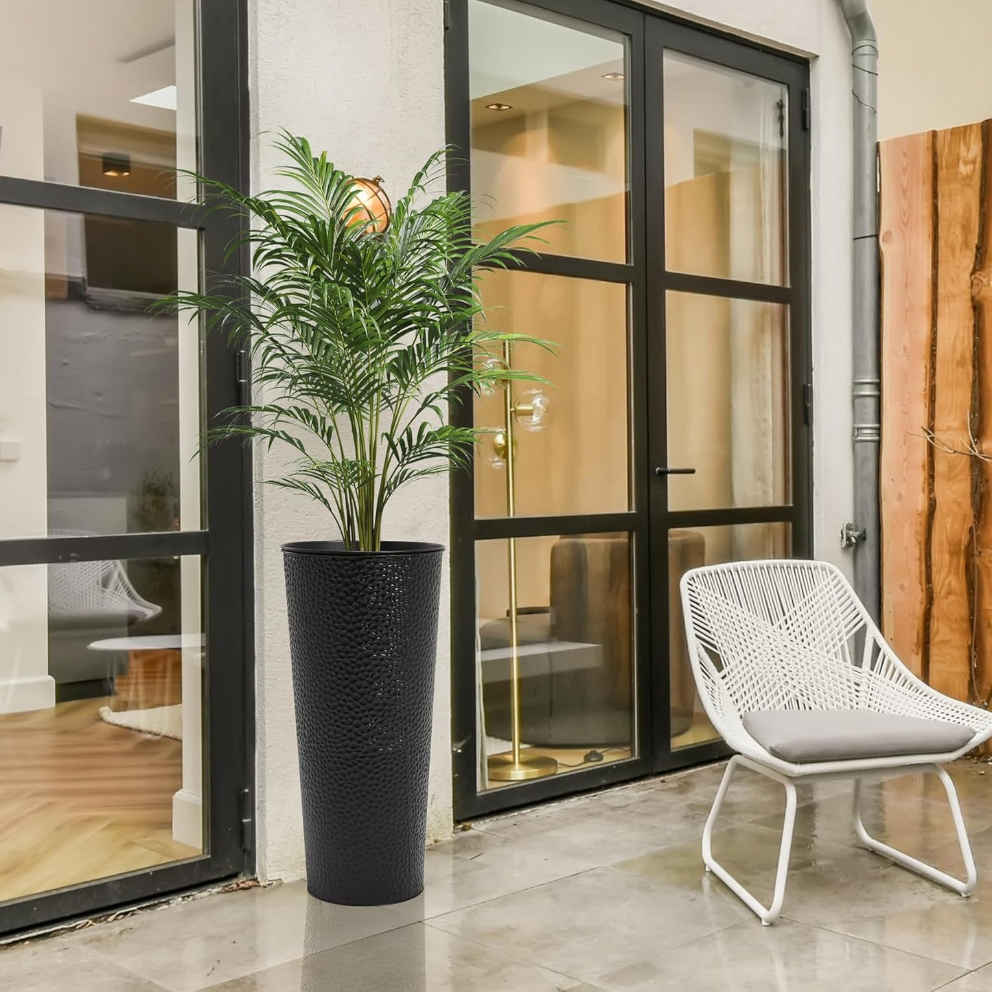 Worth Garden 2-Pack 25" H. Metal Planter with 2X Inside Pots - Hand-Hammered Texture Tall Tapered Plant Pots - Large Handcrafted Flower Pot for Indoor Outdoor, Deck, Patio, Front Porch (Black)