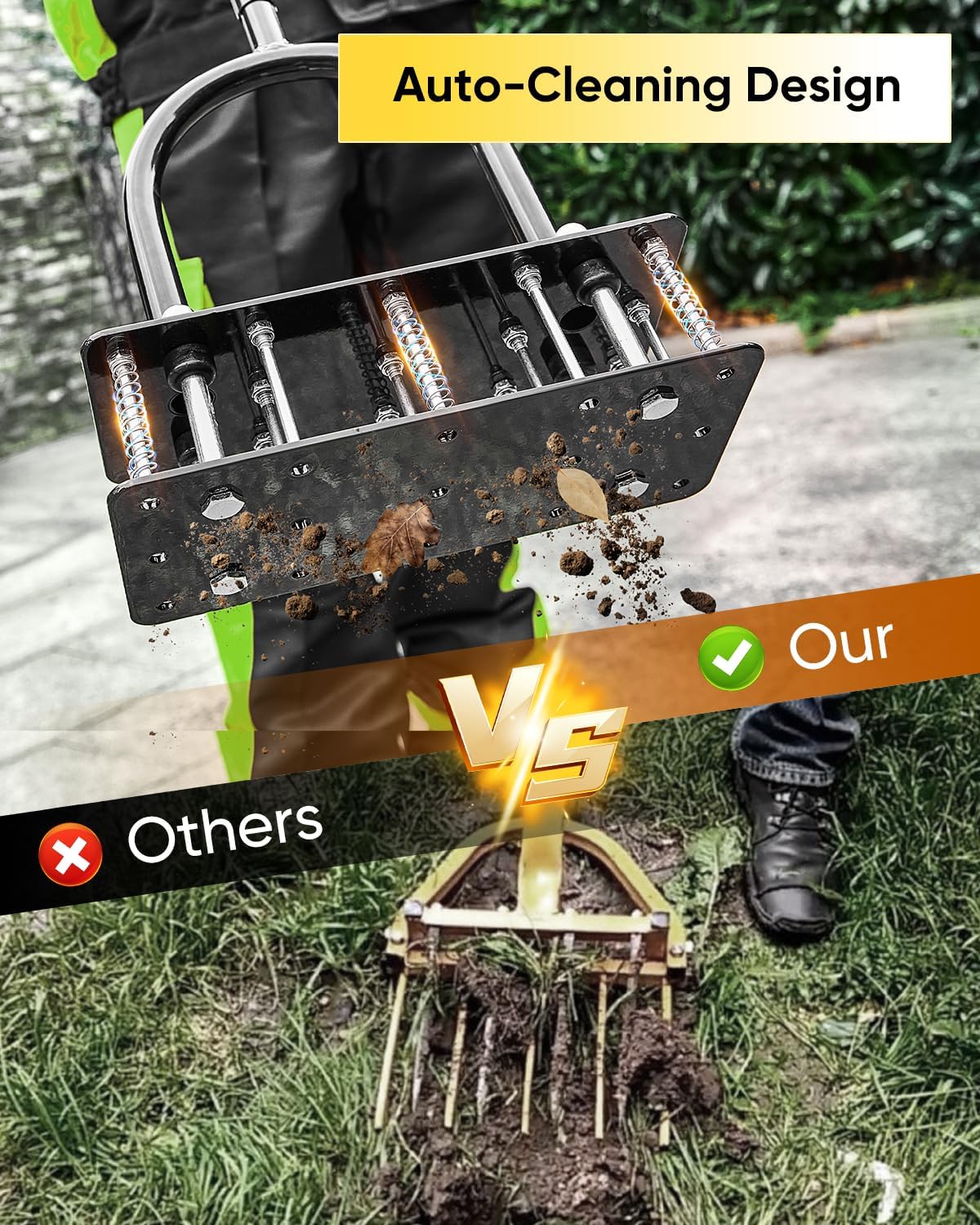 Saker Lawn Aerator Tool, Lawn Aerator with 15 Iron Spikes, Automatic Leaf and Dirt Cleaning with Spring-Loaded Design, Metal Manual Aerator for Loosening Soil Aerating Patio, Yard, Garden Black