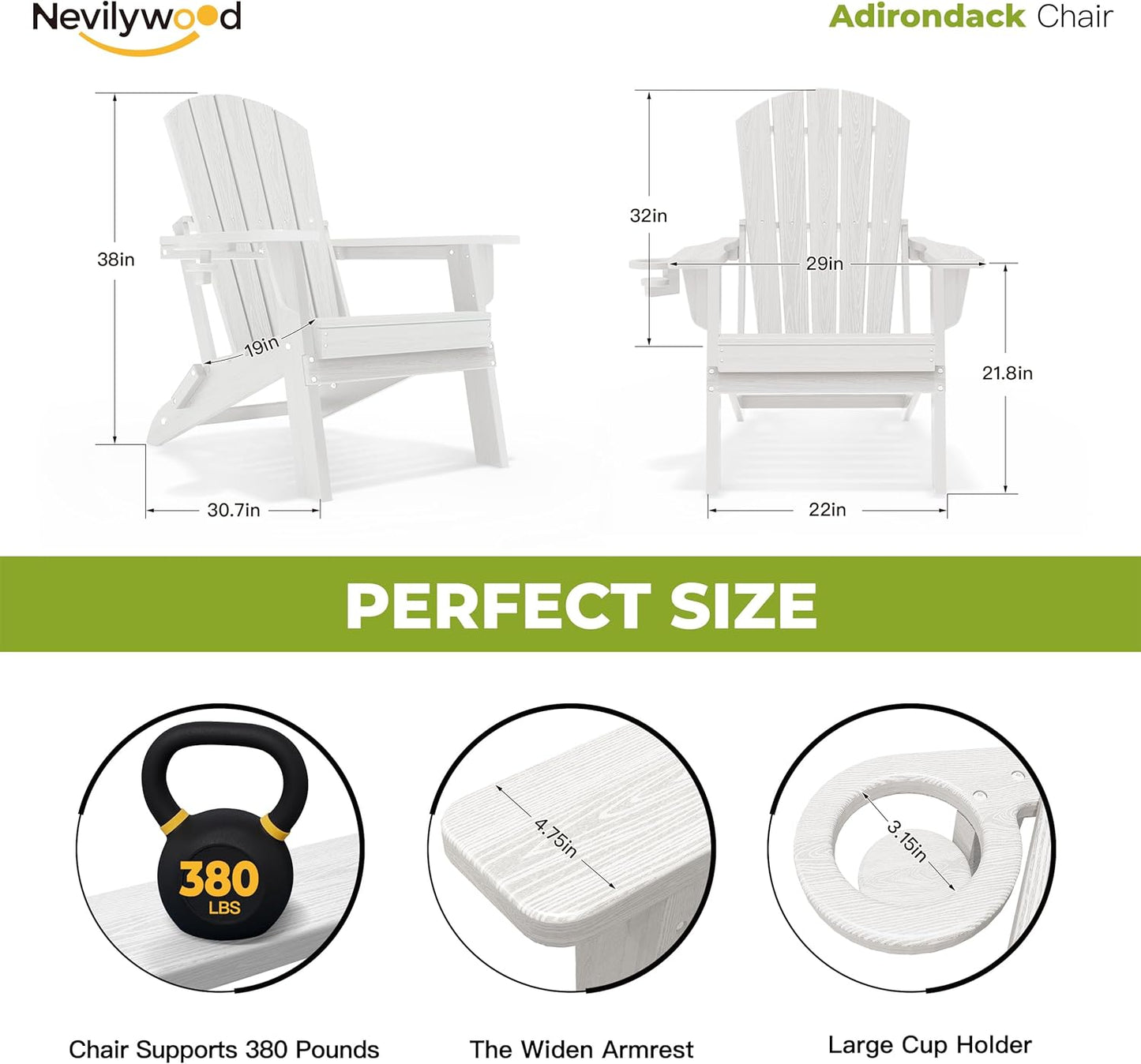 Folding Adirondack Chair, Ergonomic Extended Backrest, HDPE All-Weather, 380lbs Capacity, Maintenance-Free, Cup Holder, （White）- Outdoor Patio & Firepit Chair