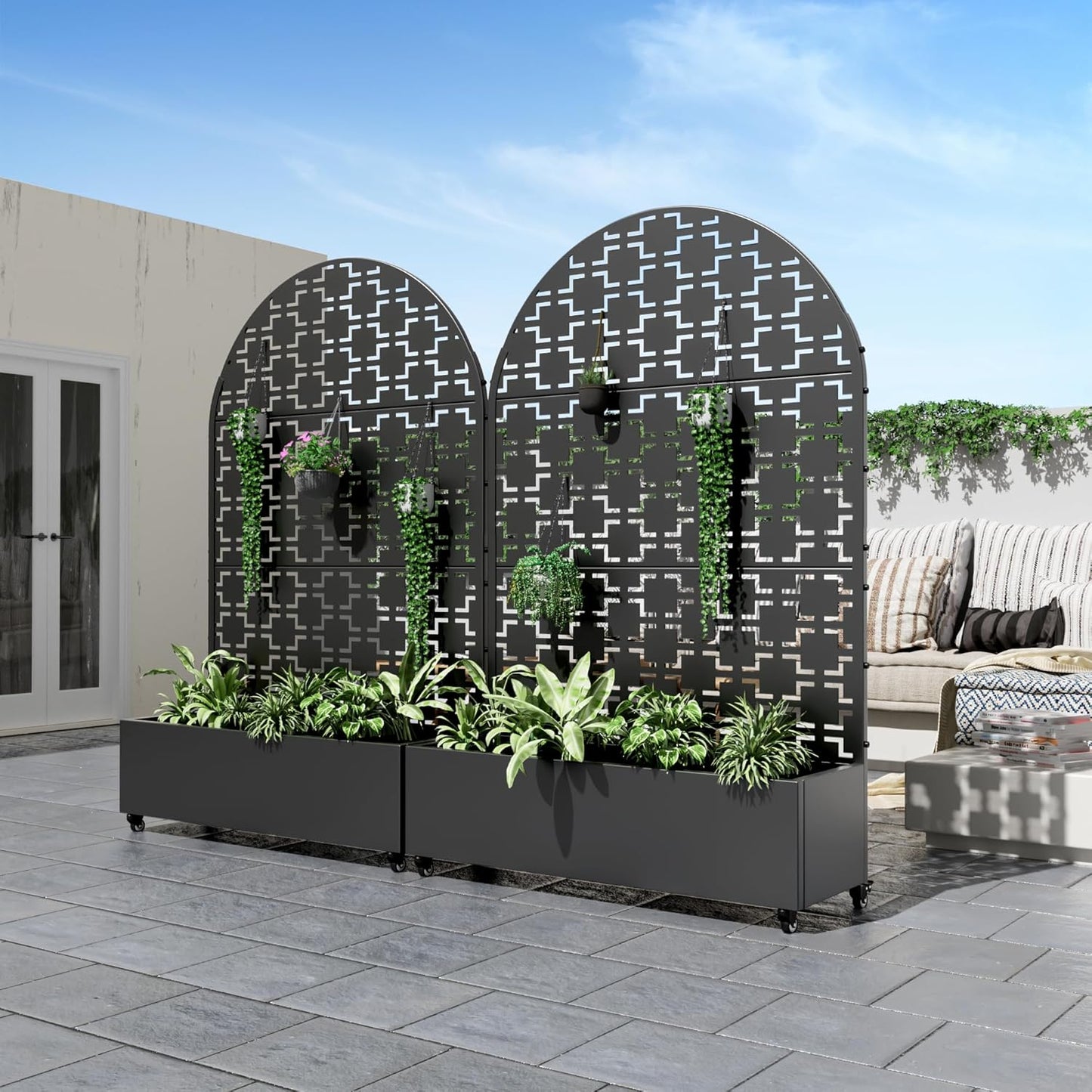 Casaphoria Metal Raised Garden Bed with Trellis and Wheels, 72"x47"x16" Arched Planter Box for Climbing Plants, Vegetables & Vines, Features Drainage Holes and Privacy Screen (Black-Brick)