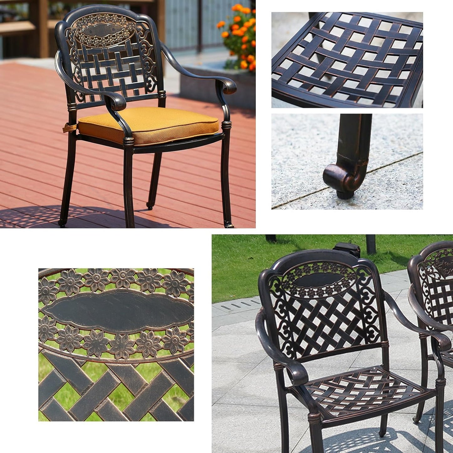 Outdoor Dining Chair Cast Aluminum Patio Chairs Set of 2 All-Weather Patio Dining Chair with Adjustable Feet for Backyard Garden (JL Chair)